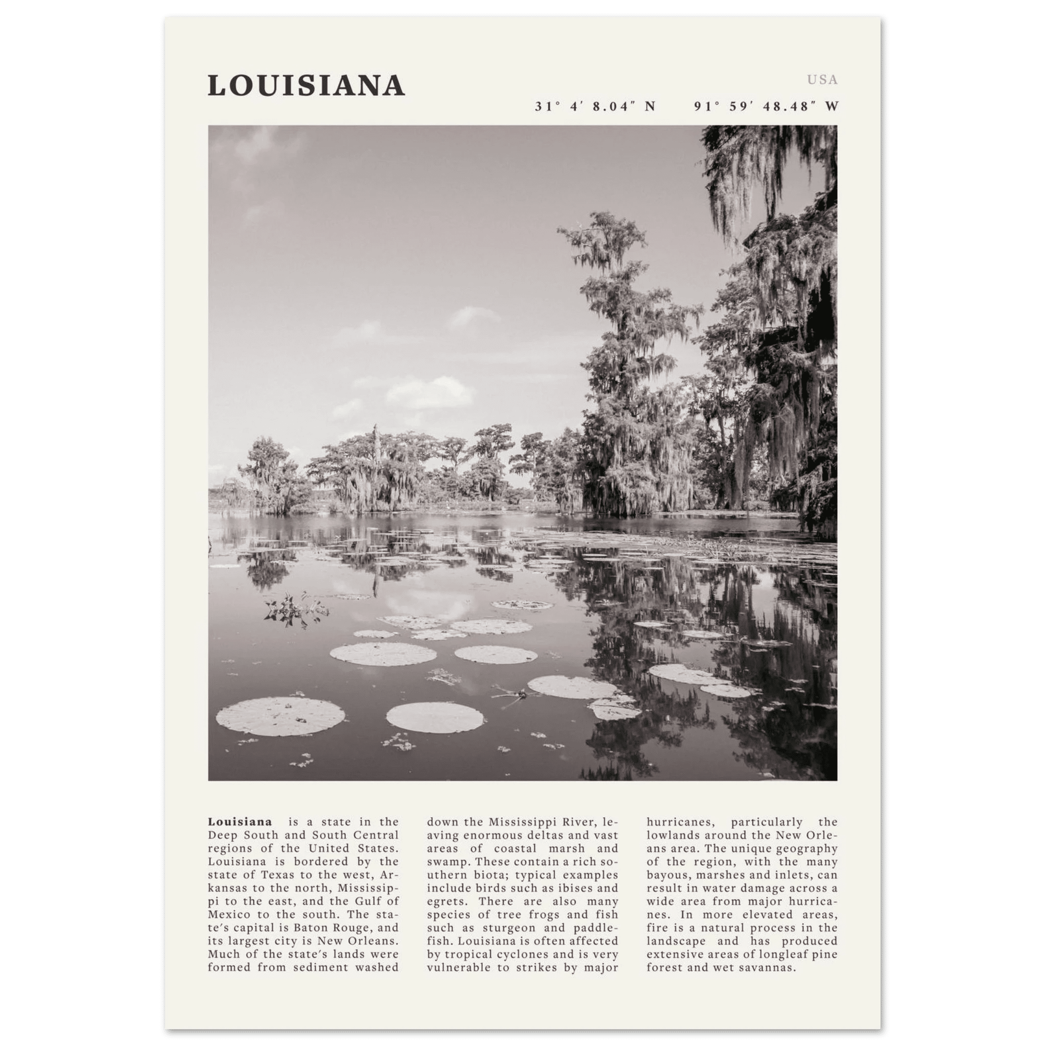 Louisiana Poster | Black & White Bayou Wall Art | Southern USA Travel Print Decor - Evergreen Posters