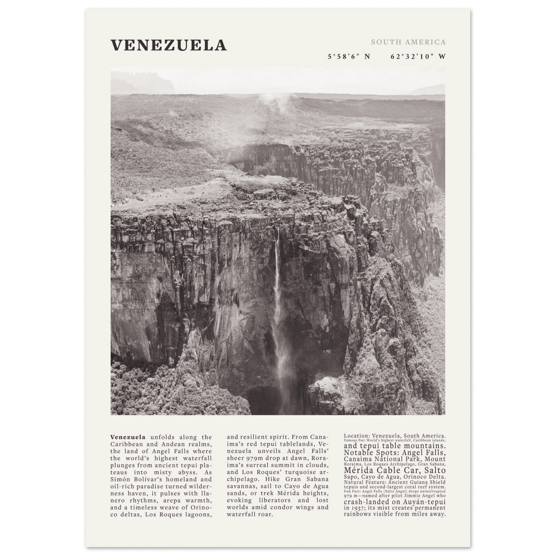 Venezuela Poster Black and White – Vintage Angel Falls Tepui Print (Digital & Printed Options) - Evergreen Posters