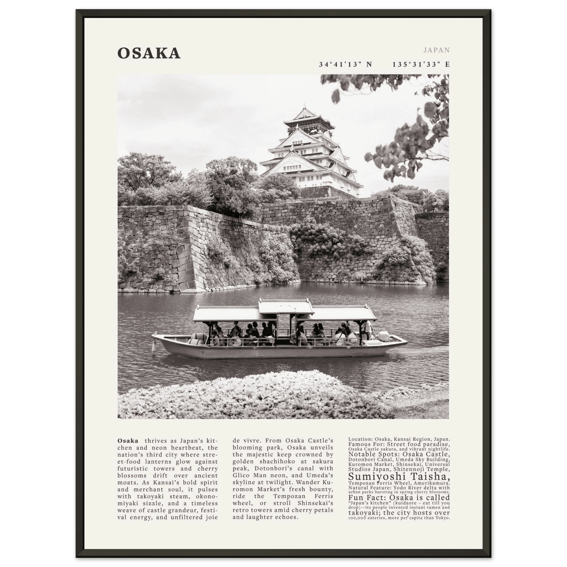 Osaka Poster Black and White – Vintage Osaka Castle Cherry Blossom Print (Digital & Printed Options) - Evergreen Posters