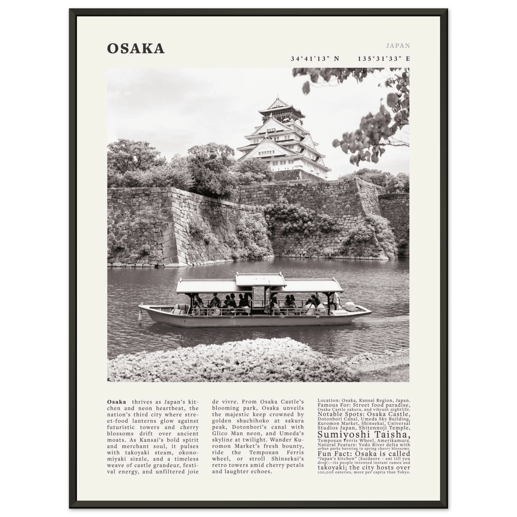 Osaka Poster Black and White – Vintage Osaka Castle Cherry Blossom Print (Digital & Printed Options) - Evergreen Posters