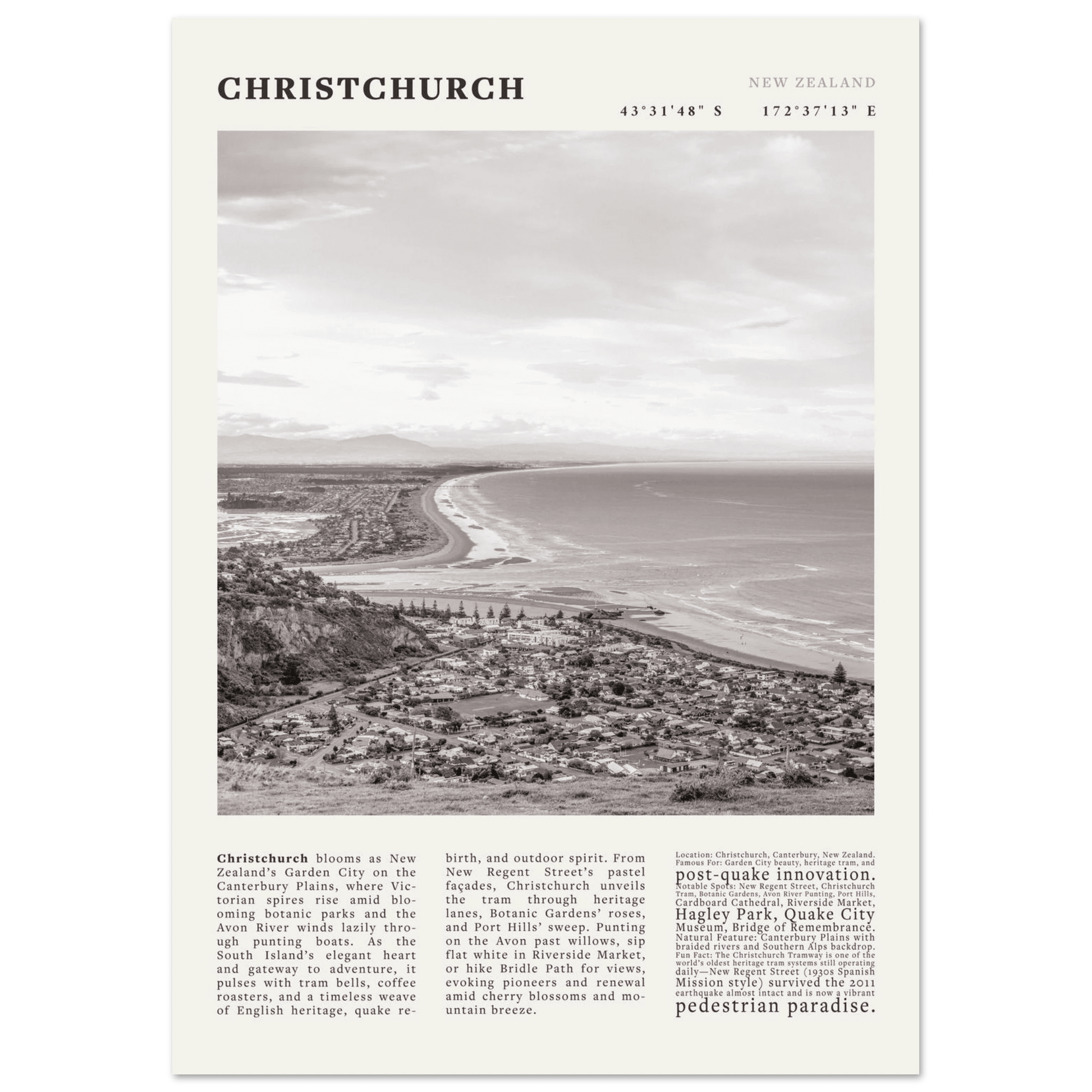 Christchurch New Zealand Poster Black and White – Vintage Garden City Panorama Print - Evergreen Posters