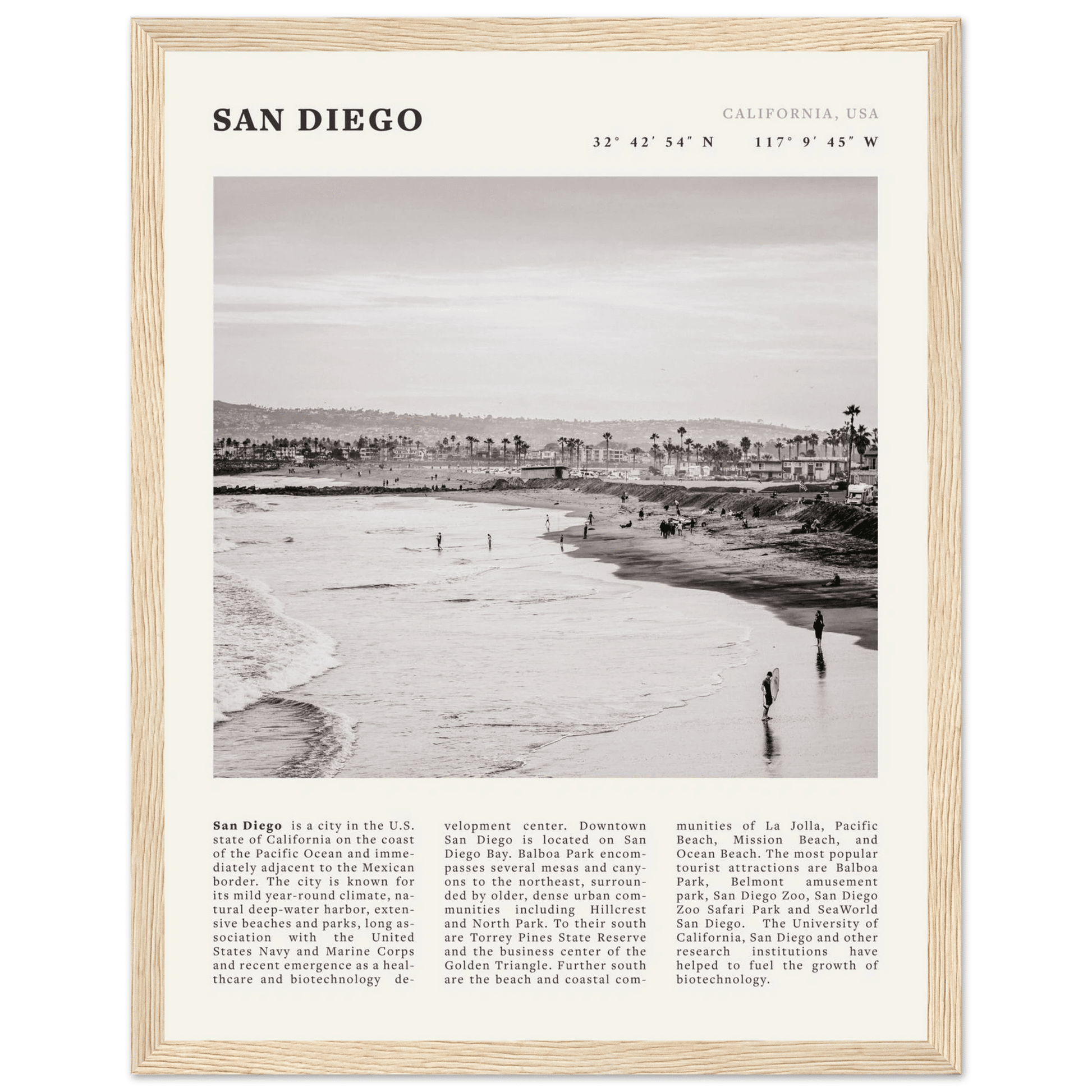 San Diego Poster | Black & White California Beach Wall Art | Coastal Travel Print Decor - Evergreen Posters