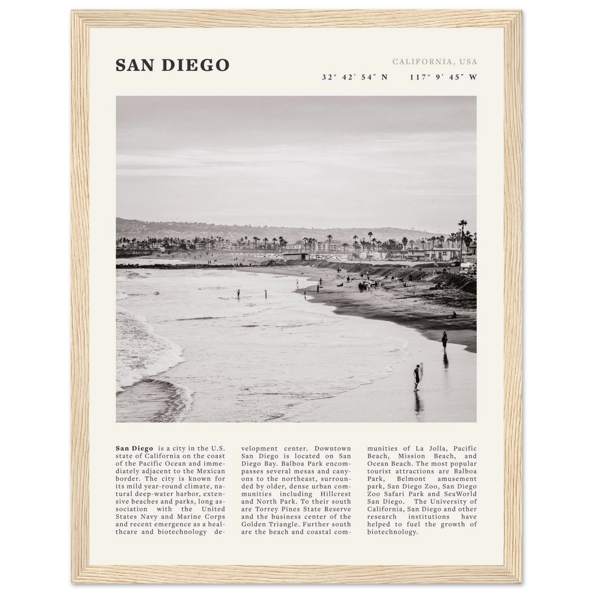 San Diego Poster | Black & White California Beach Wall Art | Coastal Travel Print Decor - Evergreen Posters