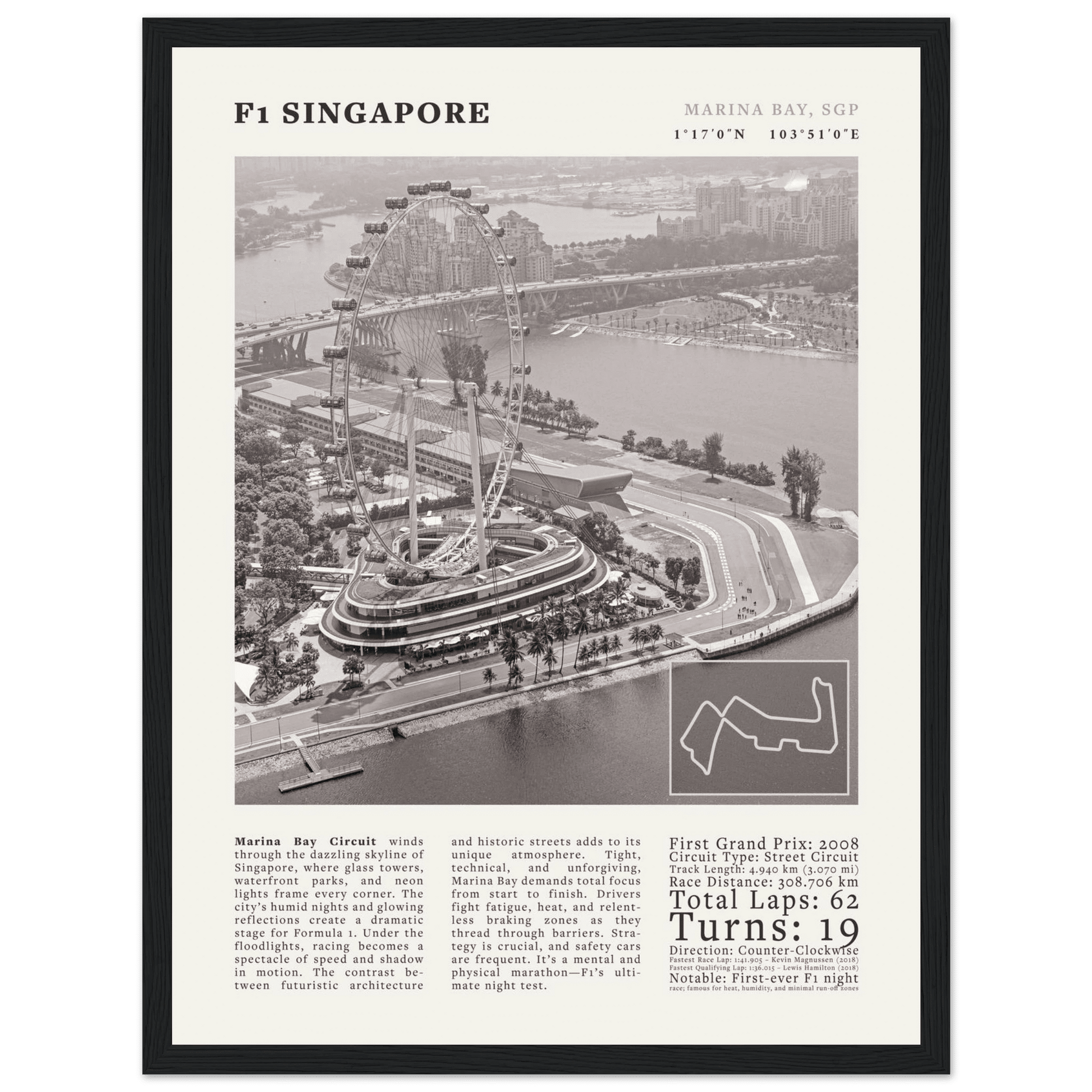 F1 Singapore Poster Black and White – Vintage Marina Bay Night Race Print (Digital & Printed Options) - Evergreen Posters