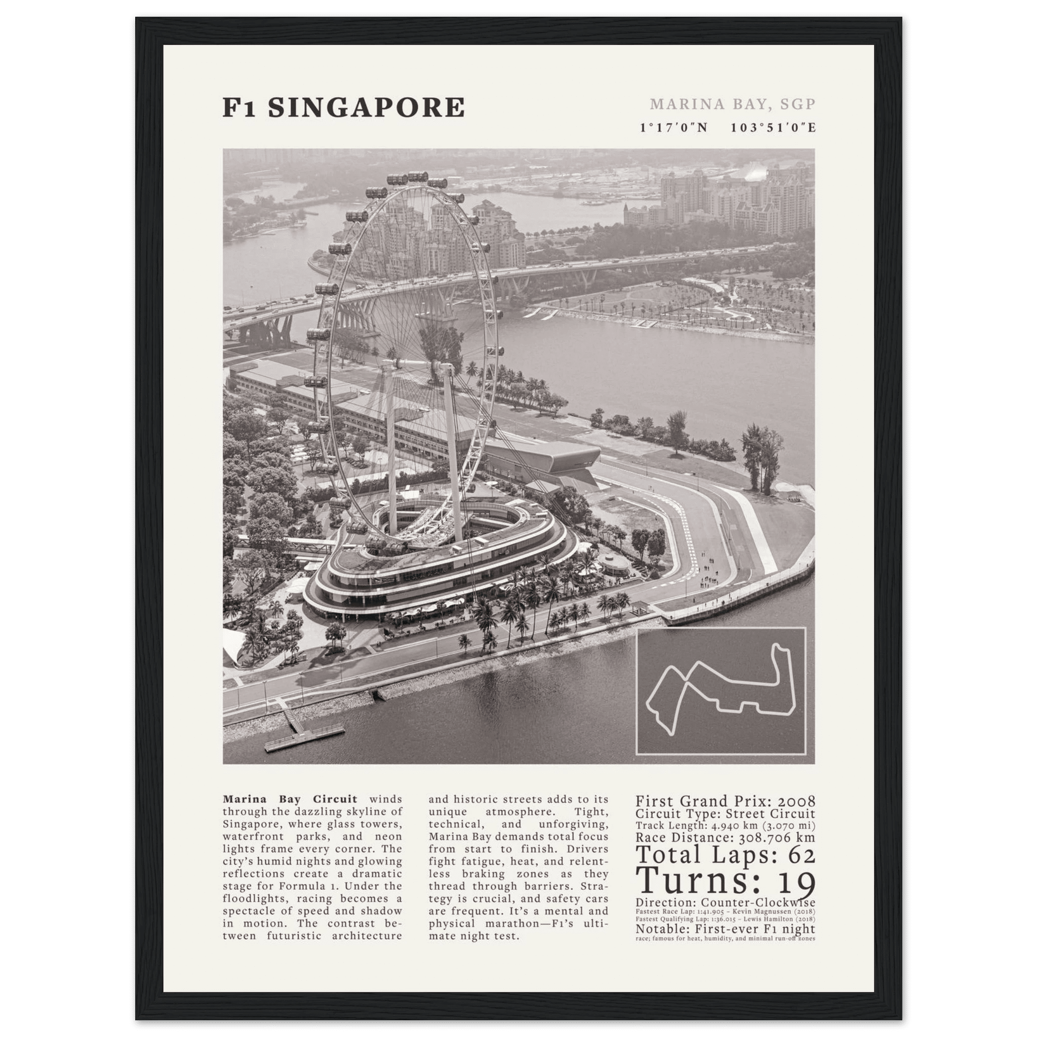 F1 Singapore Poster Black and White – Vintage Marina Bay Night Race Print (Digital & Printed Options) - Evergreen Posters