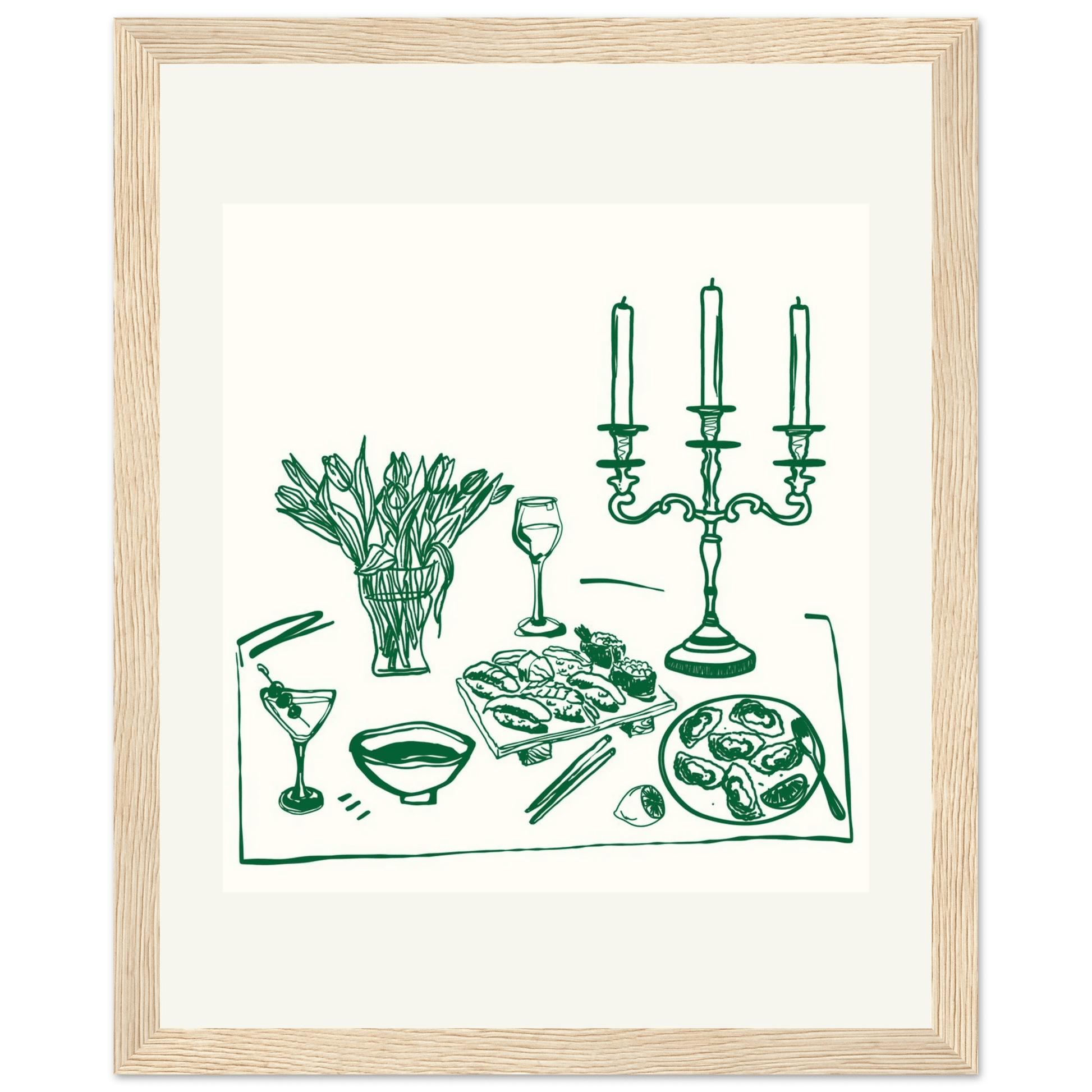 Fine Dining Table Print | Green Line Art Kitchen Wall Art | Elegant Dining Room Poster - Evergreen Posters