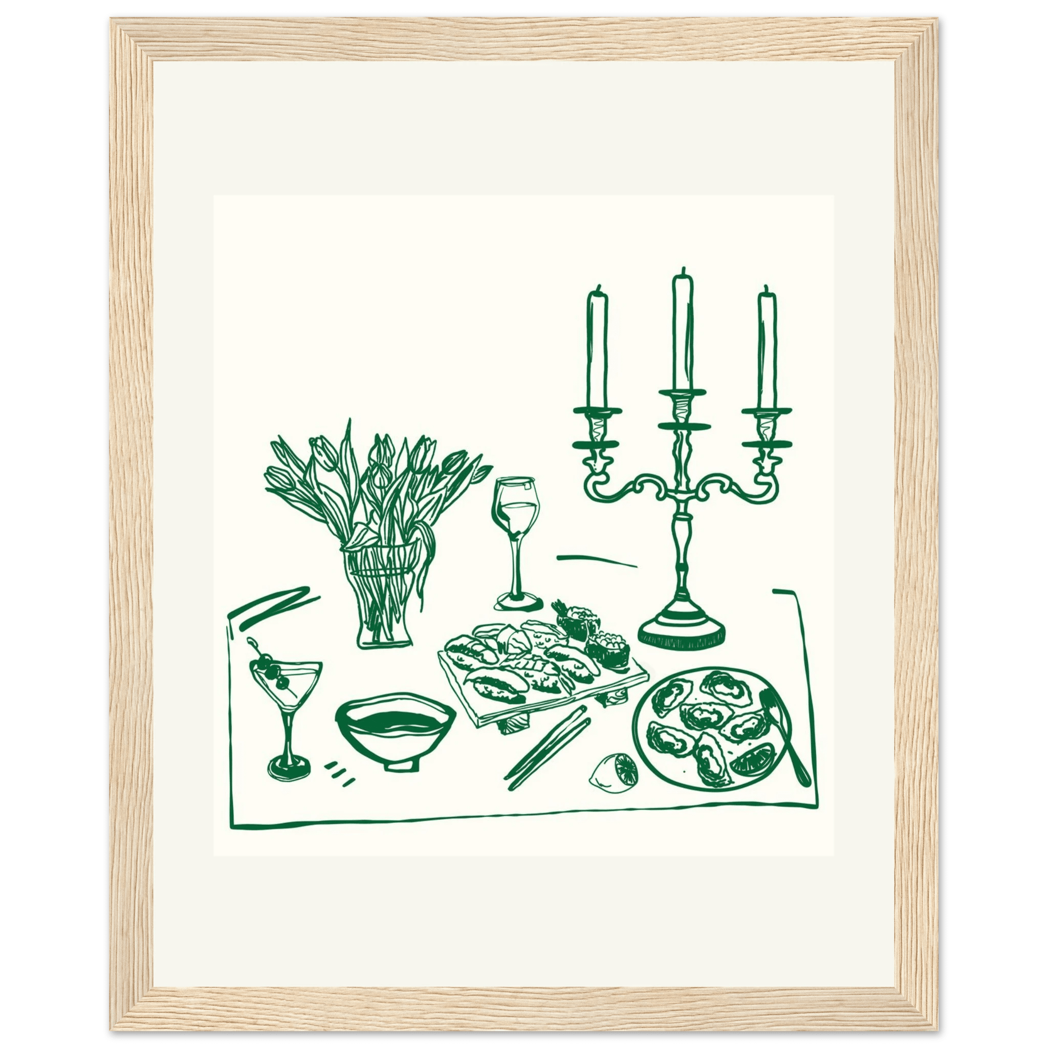 Fine Dining Table Print | Green Line Art Kitchen Wall Art | Elegant Dining Room Poster - Evergreen Posters