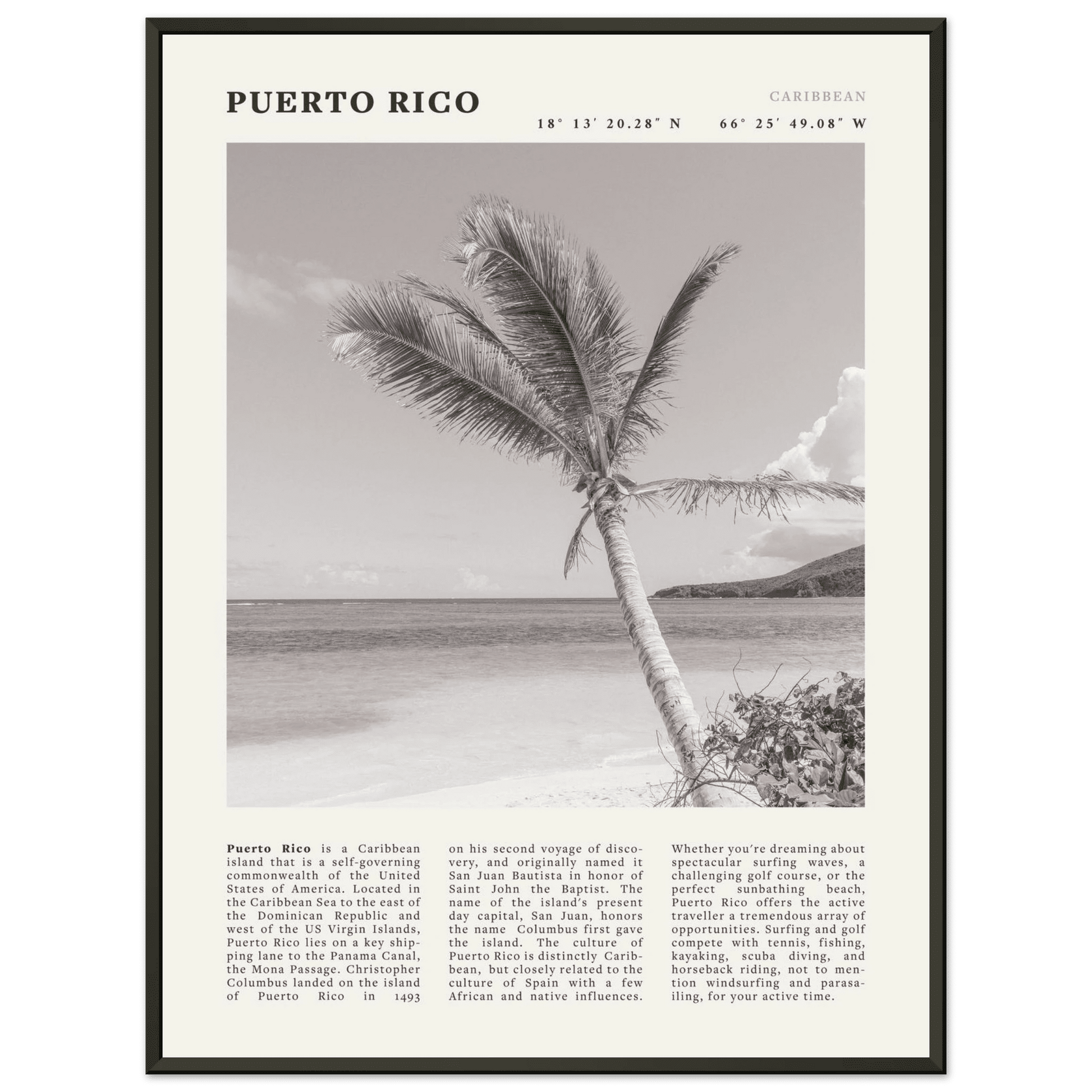 Puerto Rico Poster Black and White – Vintage Caribbean Palm Beach Print (Digital & Printed Options) - Evergreen Posters