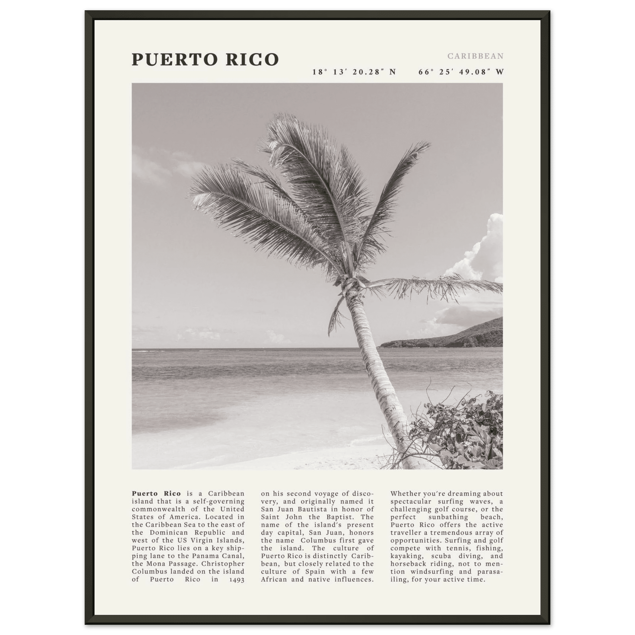Puerto Rico Poster Black and White – Vintage Caribbean Palm Beach Print (Digital & Printed Options) - Evergreen Posters