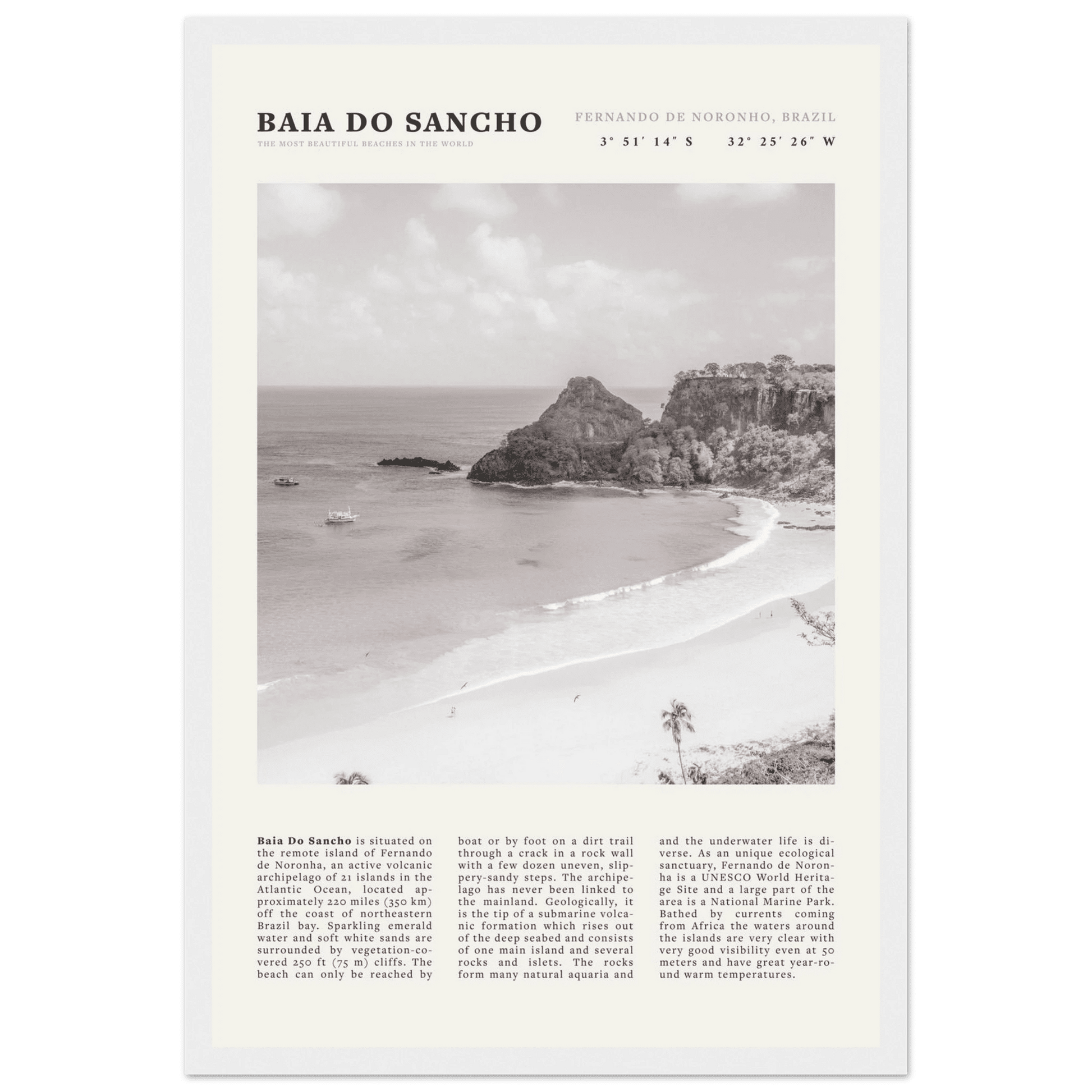 Baia Do Sancho Poster | Black & White Brazil Beach Wall Art | Fernando de Noronha - Evergreen Posters