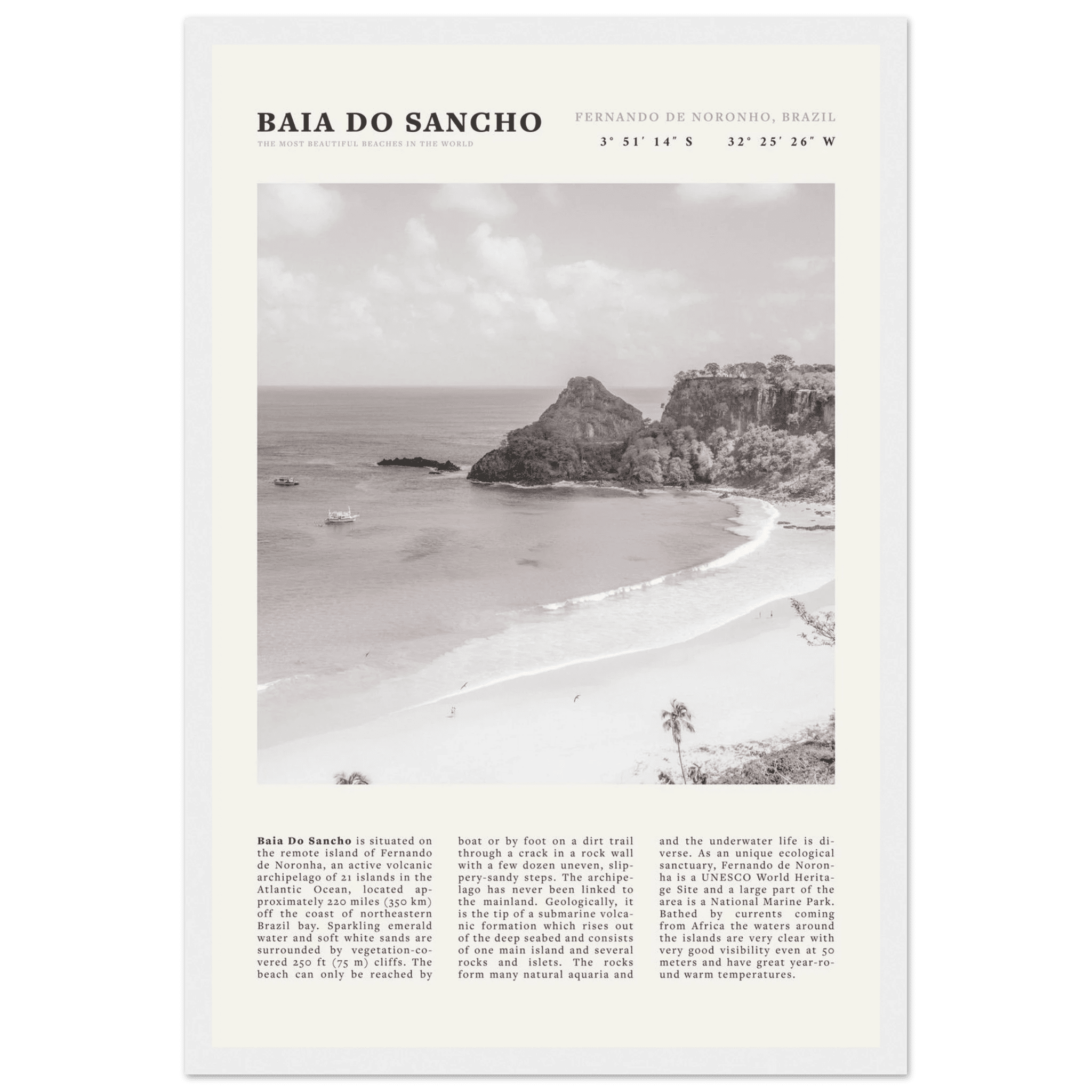 Baia Do Sancho Poster | Black & White Brazil Beach Wall Art | Fernando de Noronha - Evergreen Posters