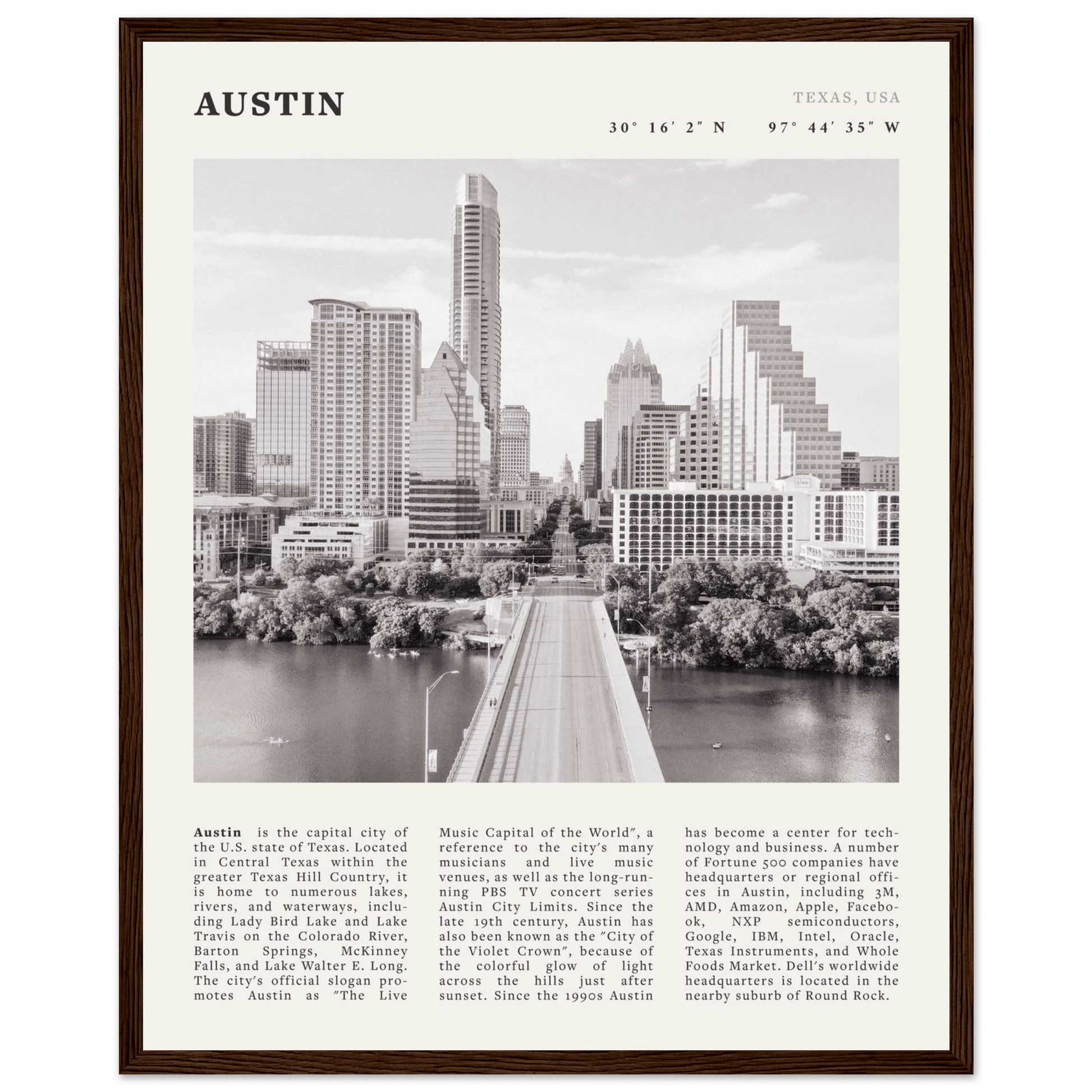 Austin Poster | Black & White Texas Skyline Wall Art | City Travel Print Decor - Evergreen Posters