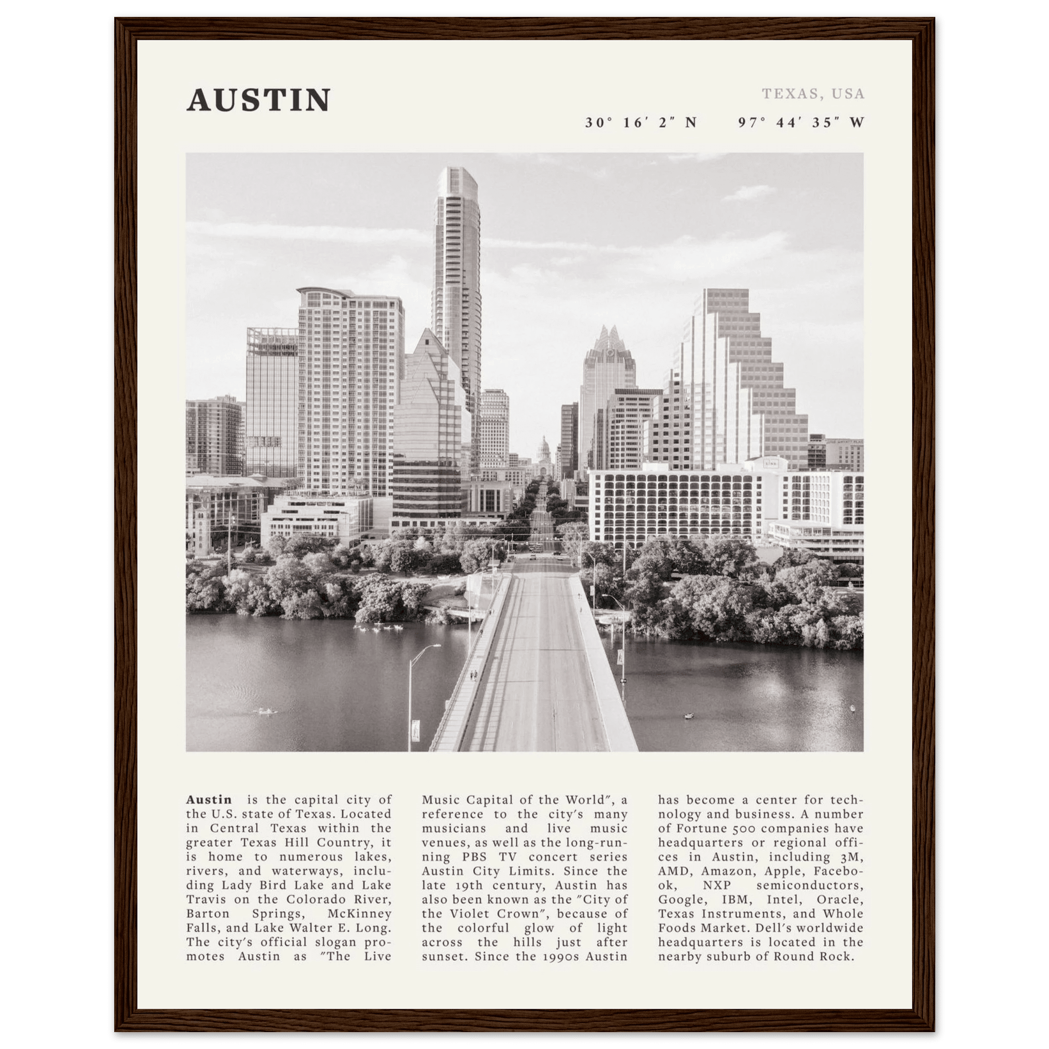 Austin Poster | Black & White Texas Skyline Wall Art | City Travel Print Decor - Evergreen Posters