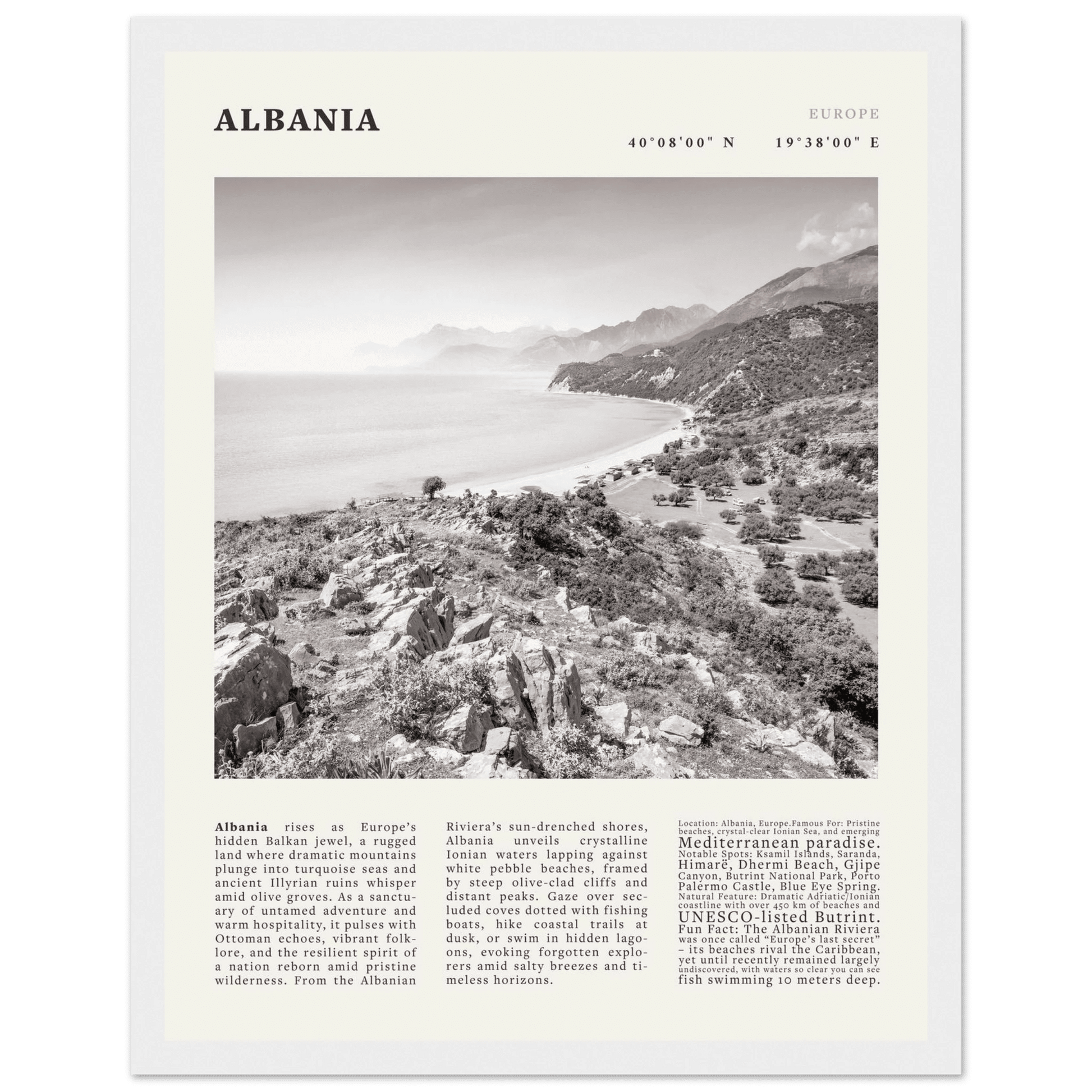 Albania Poster Black and White – Vintage Albanian Riviera Travel Print (Digital & Printed Options) - Evergreen Posters