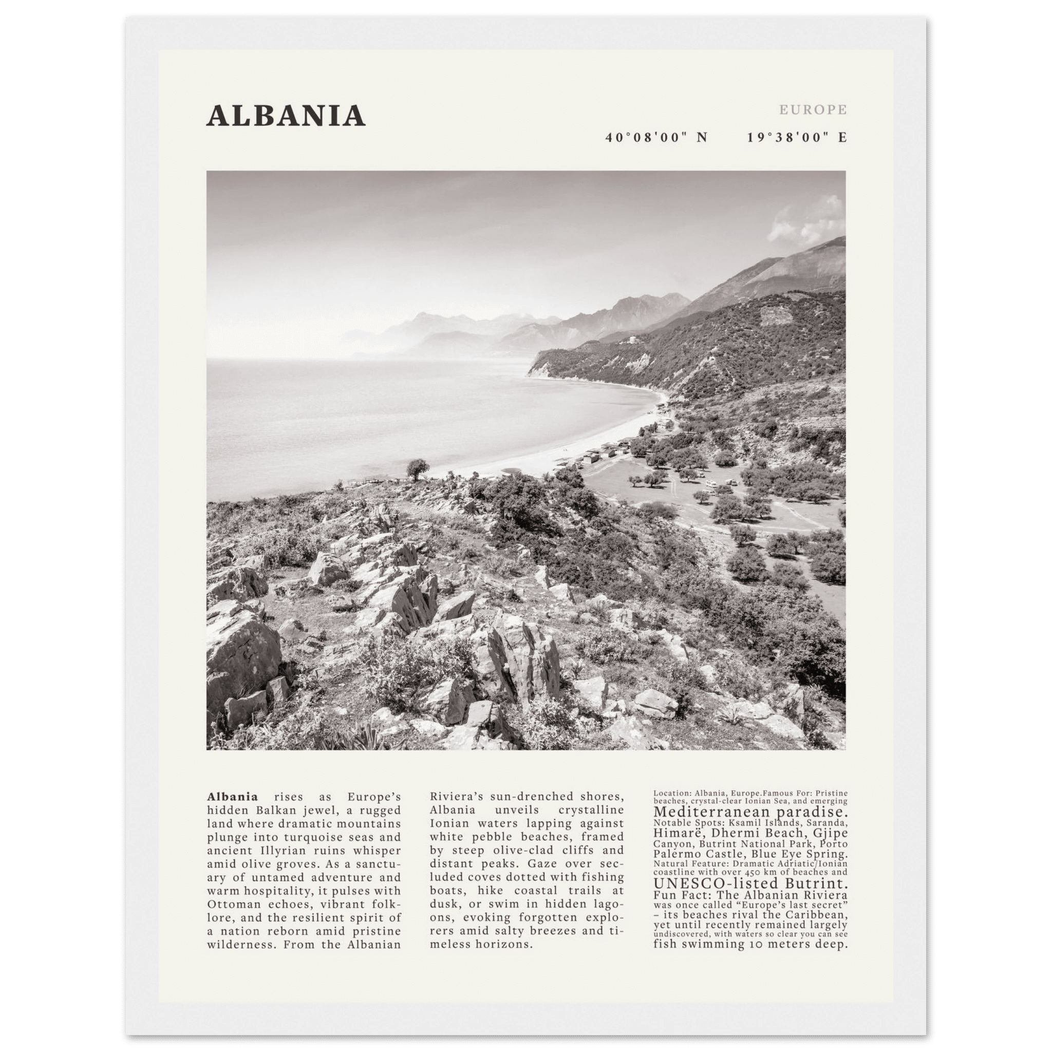 Albania Poster Black and White – Vintage Albanian Riviera Travel Print (Digital & Printed Options) - Evergreen Posters