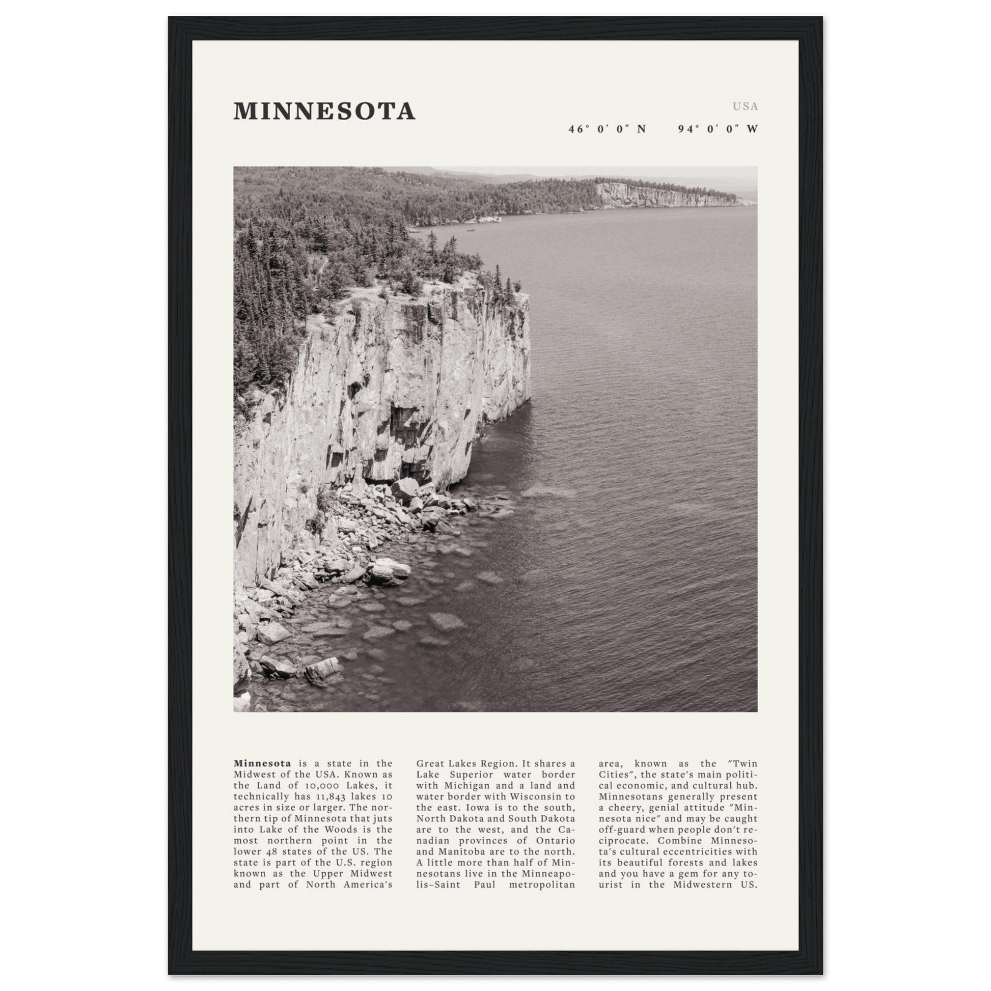 Minnesota Poster | Black & White Lake Superior Wall Art | USA Nature Travel Print - Evergreen Posters