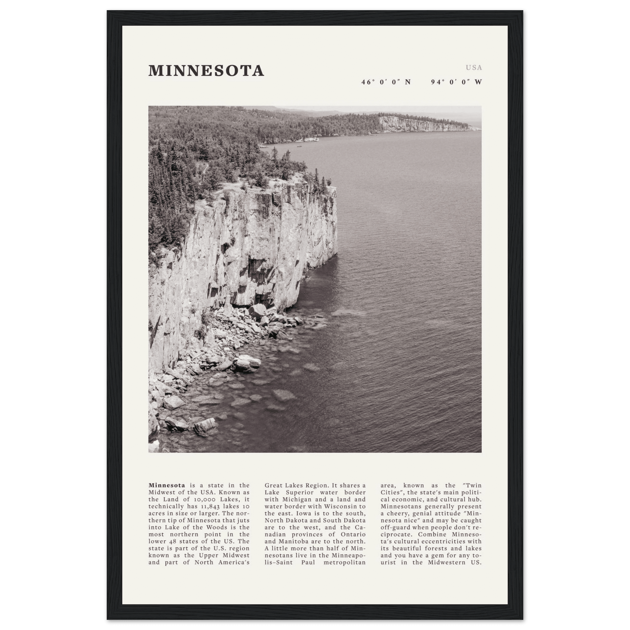 Minnesota Poster | Black & White Lake Superior Wall Art | USA Nature Travel Print - Evergreen Posters