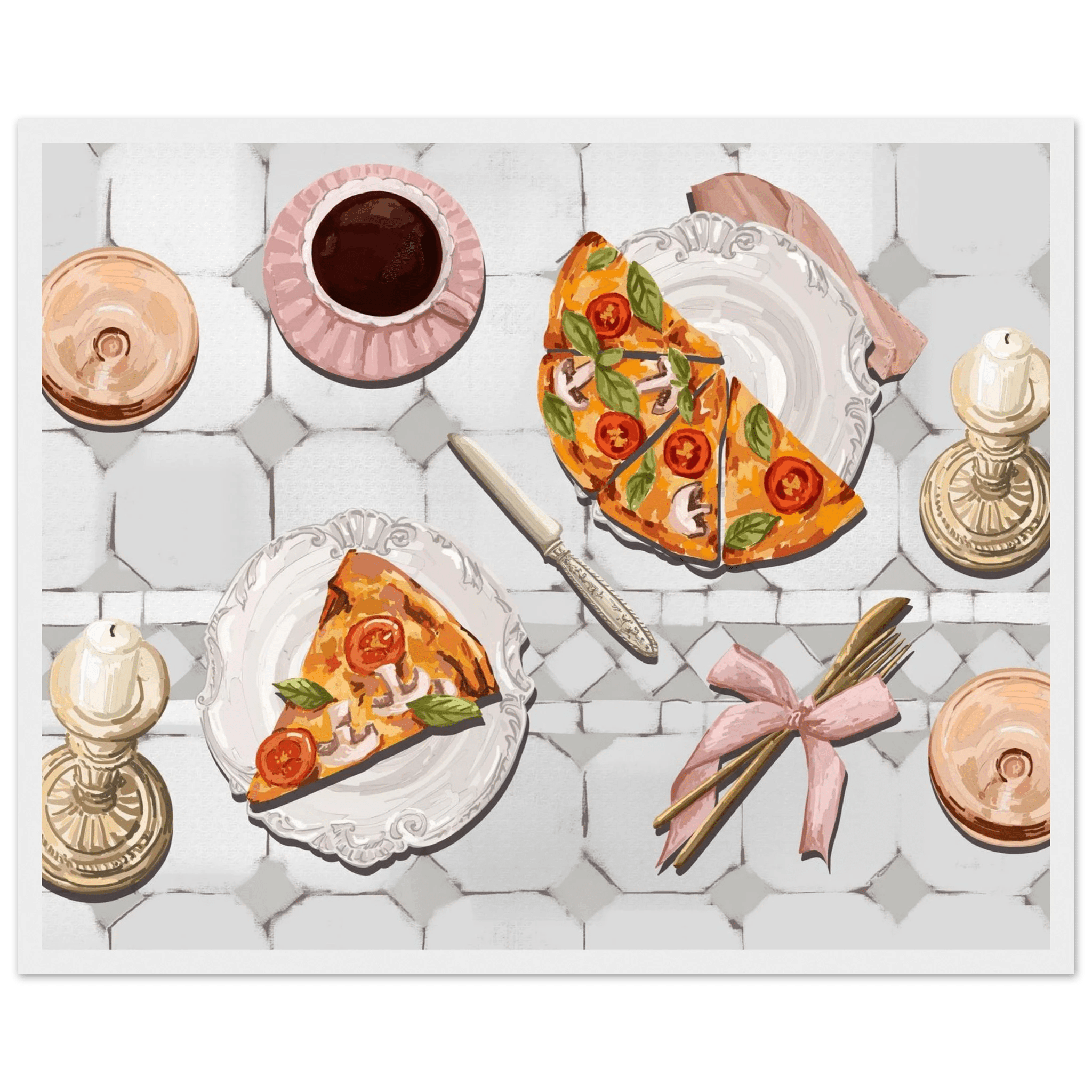 Pizza & Tea Kitchen Poster | Horizontal Food Wall Art | Italian Dining Room Print - Evergreen Posters