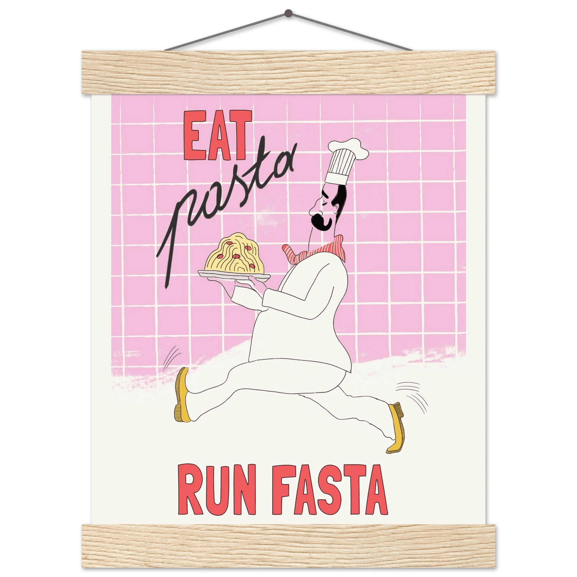 Eat Pasta Run Fasta Poster – Playful Kitchen Wall Art Print (Light Pink) - Evergreen Posters