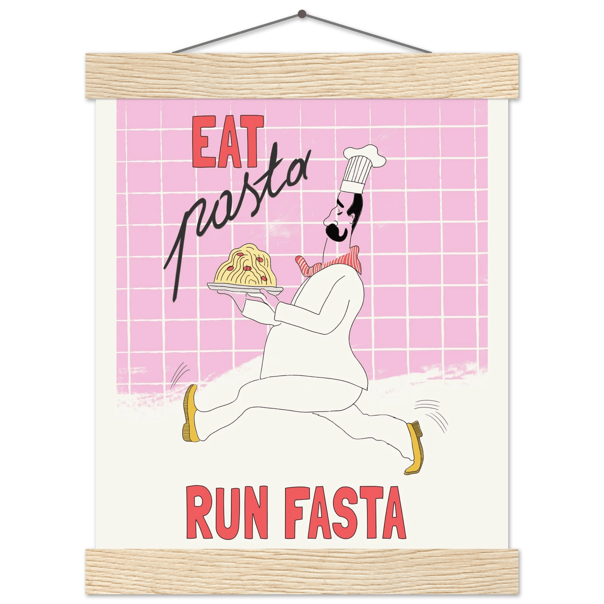 Eat Pasta Run Fasta Poster – Playful Kitchen Wall Art Print (Light Pink) - Evergreen Posters