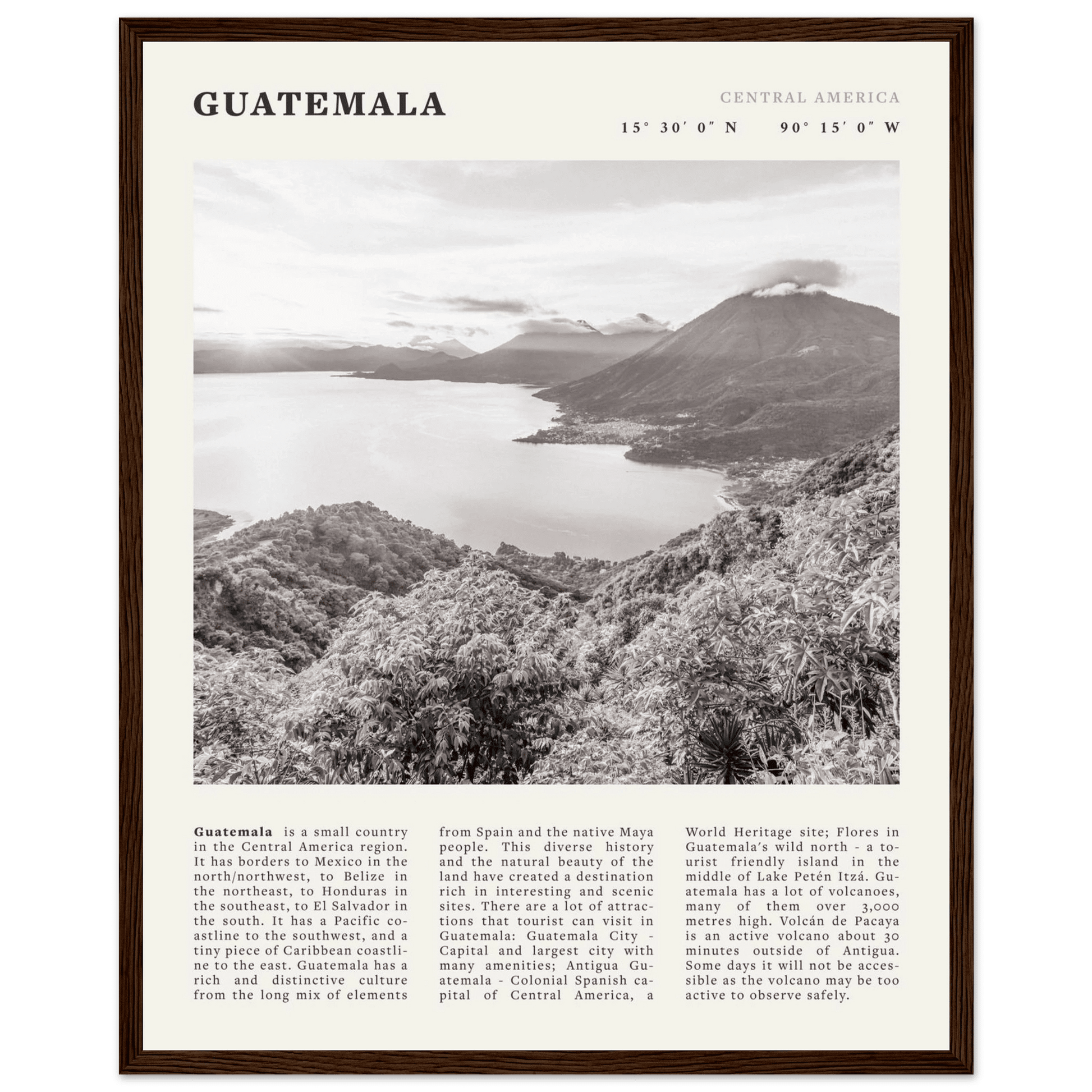 Guatemala Poster | Black & White Lake Atitlan Wall Art | Central America Travel Print - Evergreen Posters