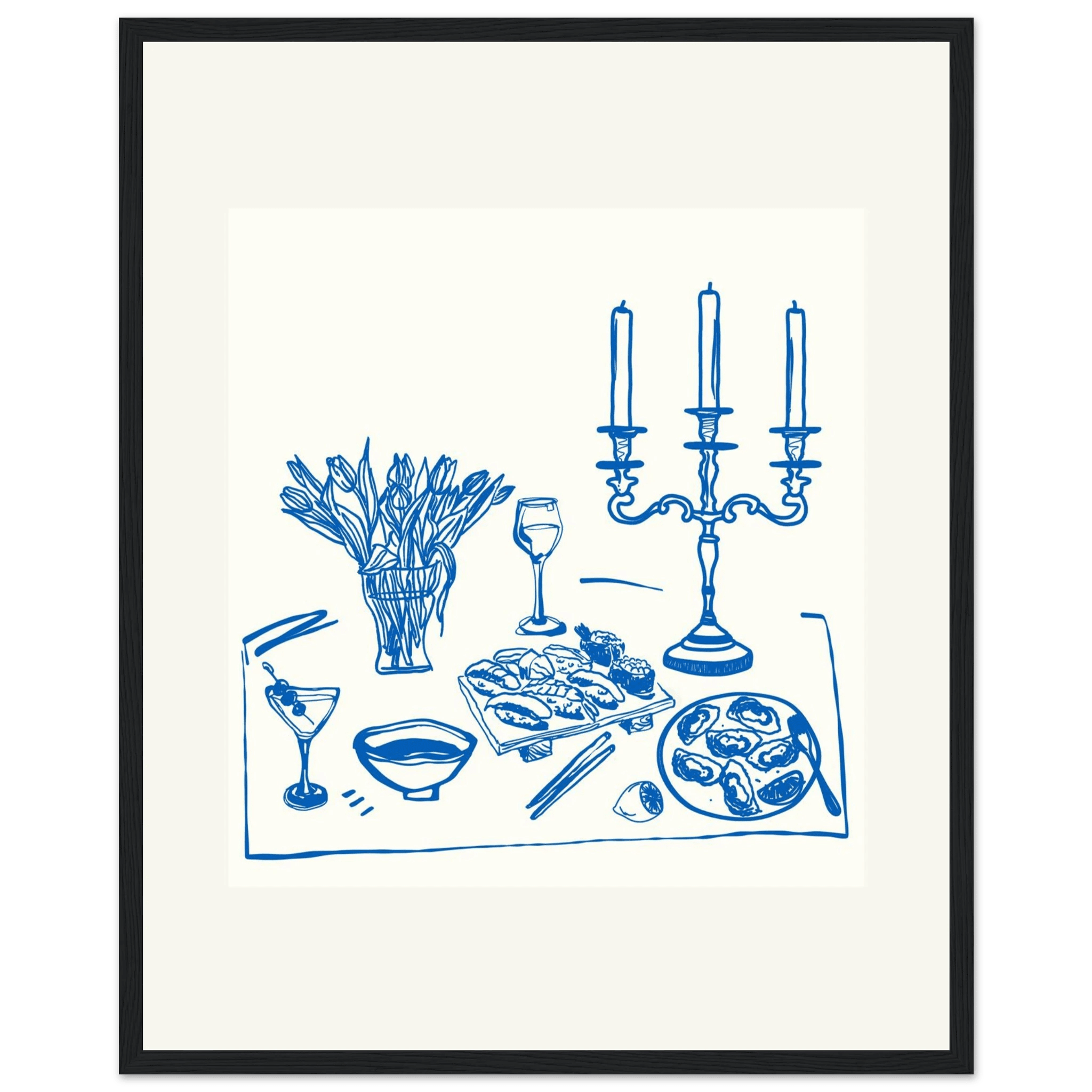 Fine Dining Table Print | Blue Line Art Kitchen Wall Art | Elegant Dining Room Poster - Evergreen Posters