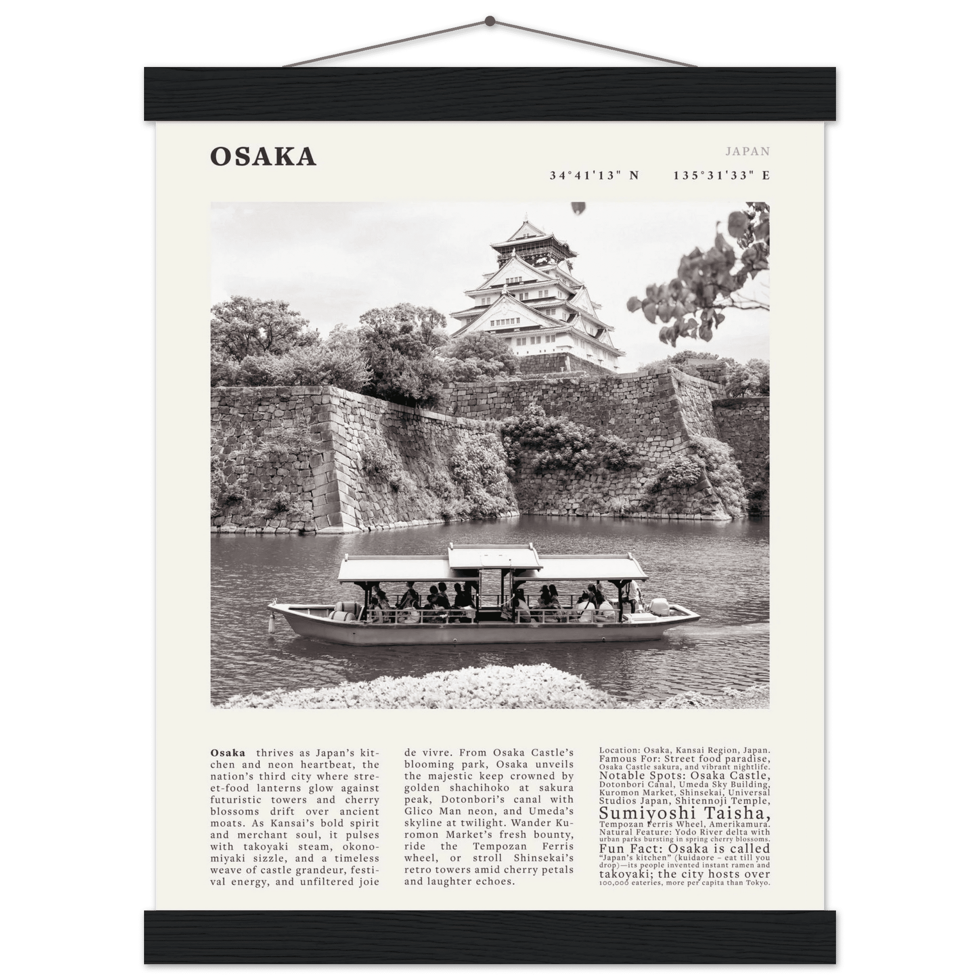 Osaka Poster Black and White – Vintage Osaka Castle Cherry Blossom Print (Digital & Printed Options) - Evergreen Posters