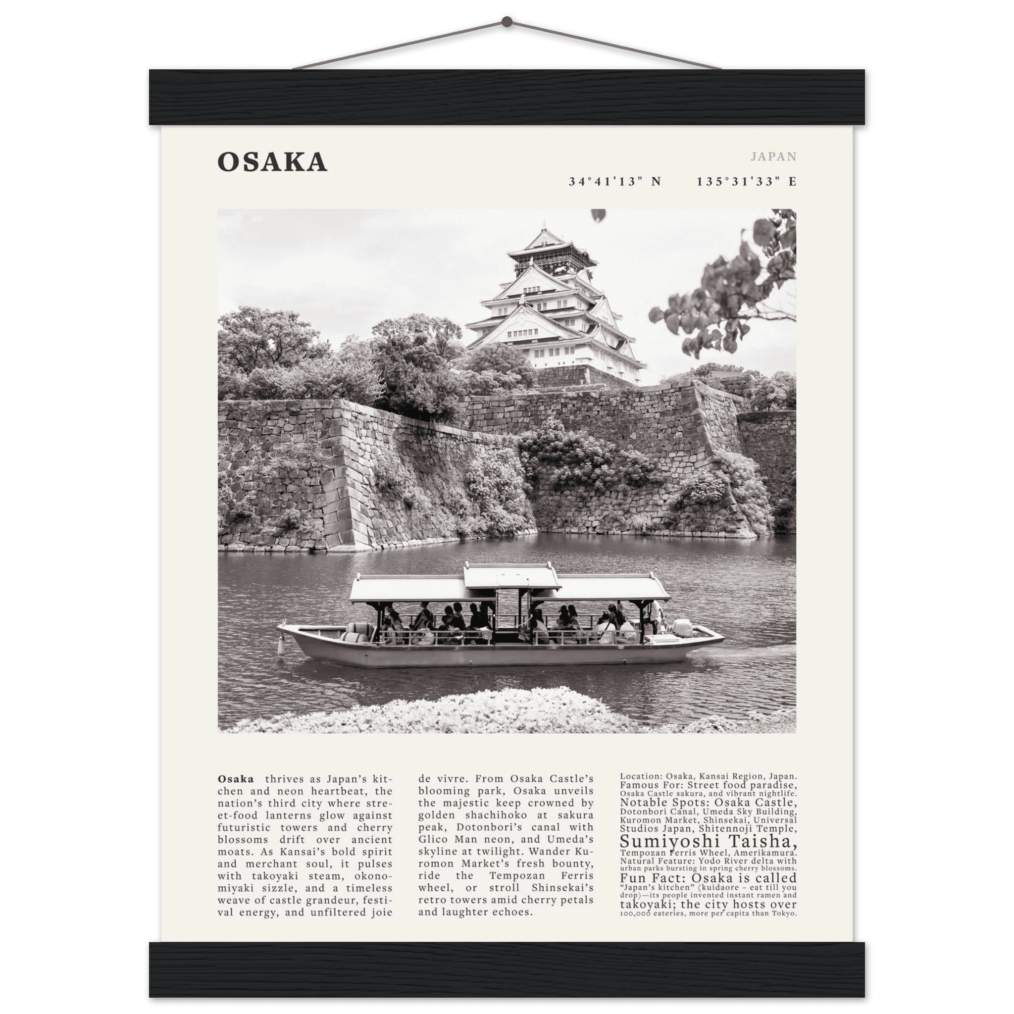 Osaka Poster Black and White – Vintage Osaka Castle Cherry Blossom Print (Digital & Printed Options) - Evergreen Posters