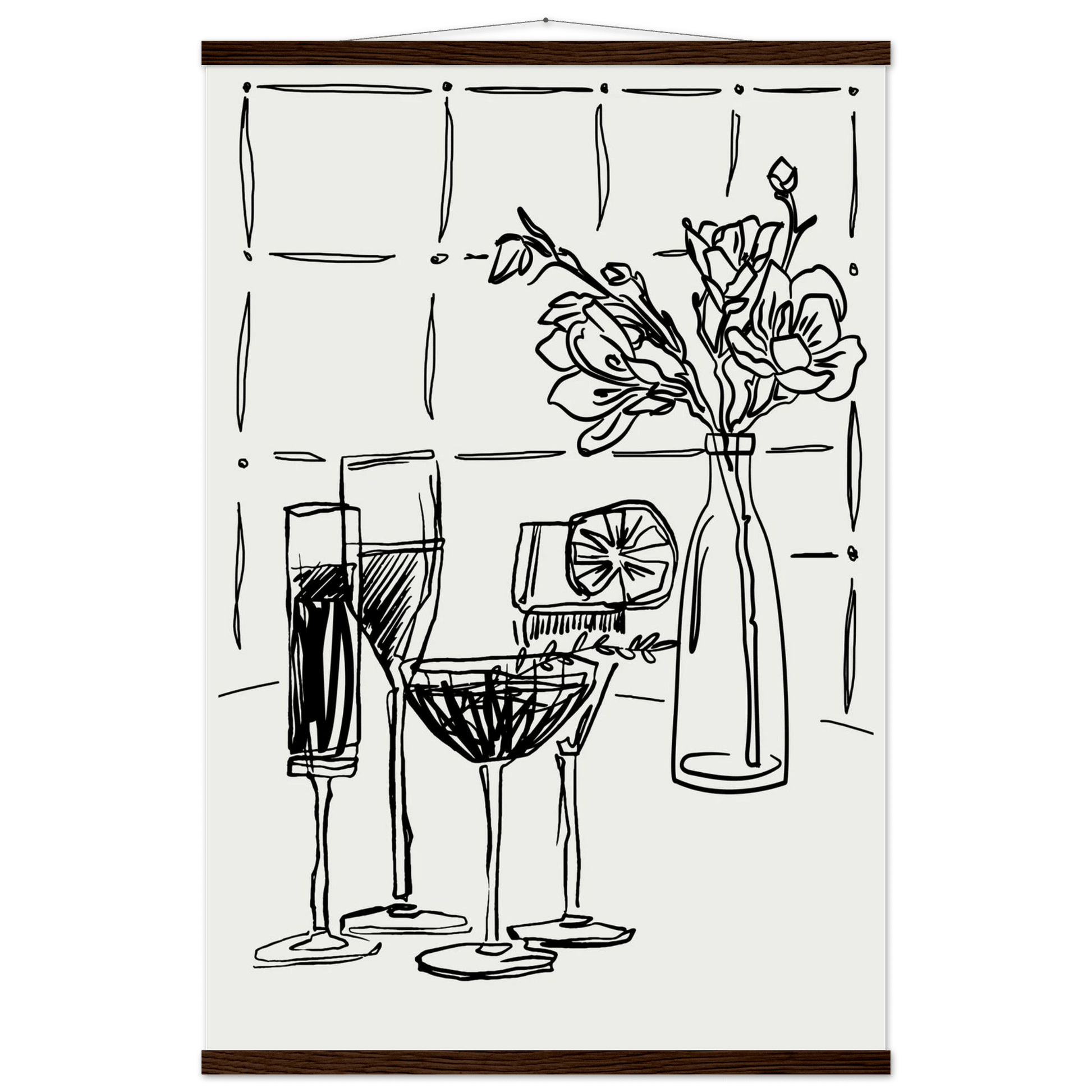 Cocktails & Flowers Print | Black Line Art Drinks Wall Art | Kitchen Bar Poster - Evergreen Posters