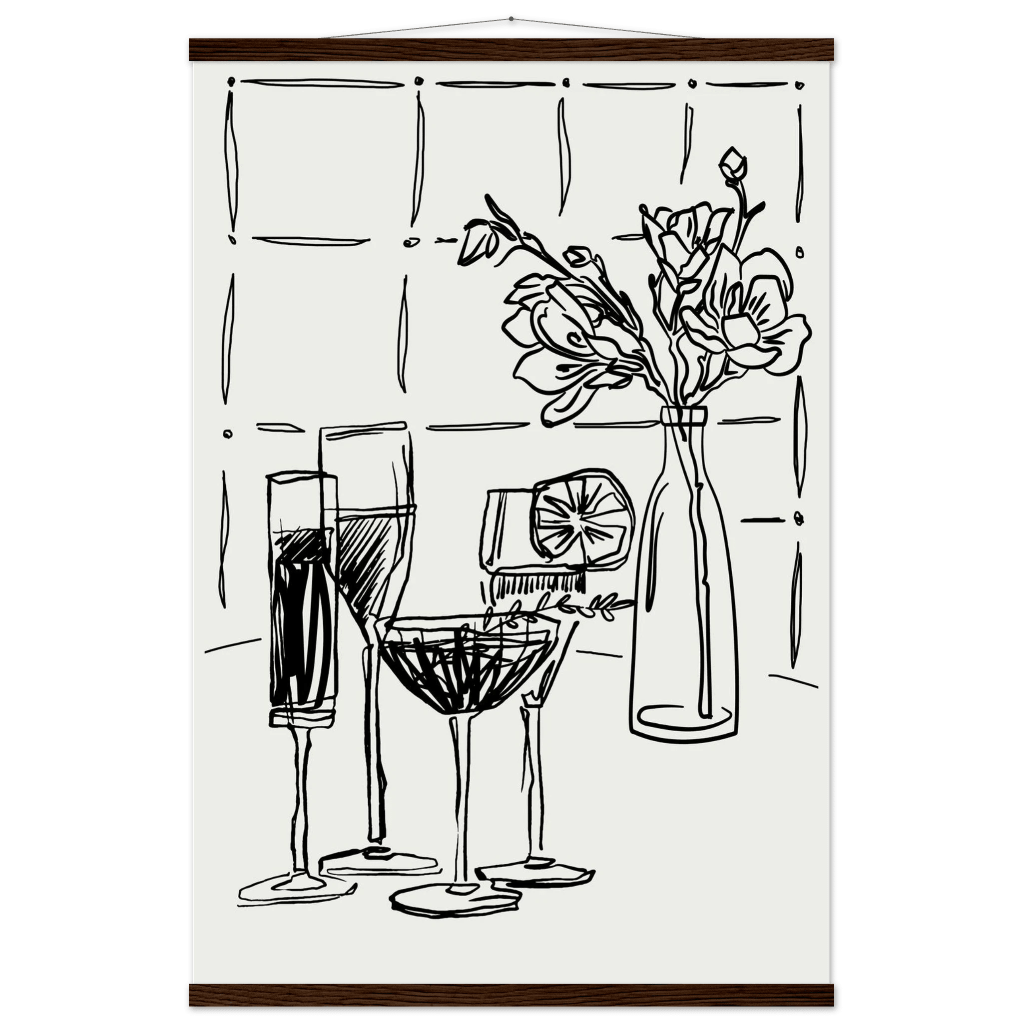 Cocktails & Flowers Print | Black Line Art Drinks Wall Art | Kitchen Bar Poster - Evergreen Posters