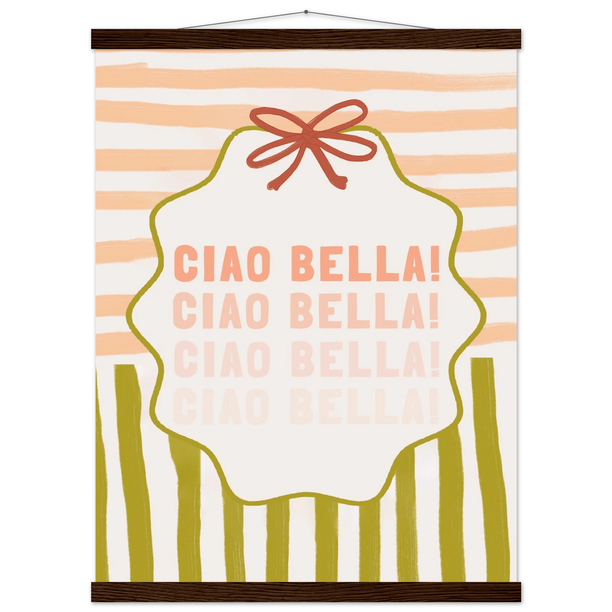 Ciao Bella Poster | Italian Typography Wall Art | Retro Stripe Bow Print | Cute Room Decor - Evergreen Posters