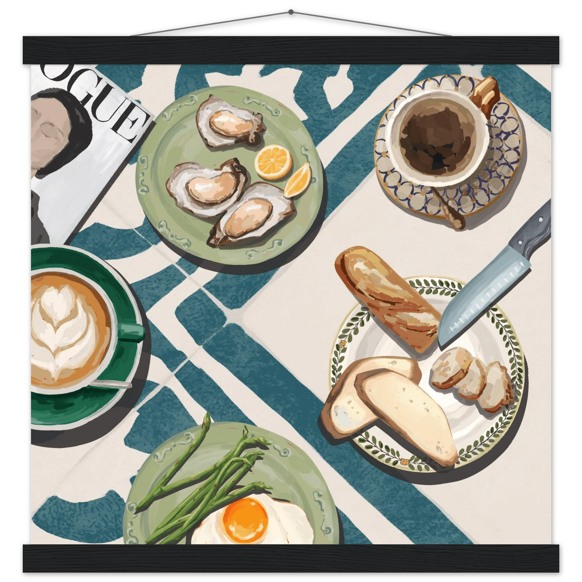 Oysters & Vogue Brunch Poster | Luxury Kitchen Wall Art | Blue Tile Square Print - Evergreen Posters - 29