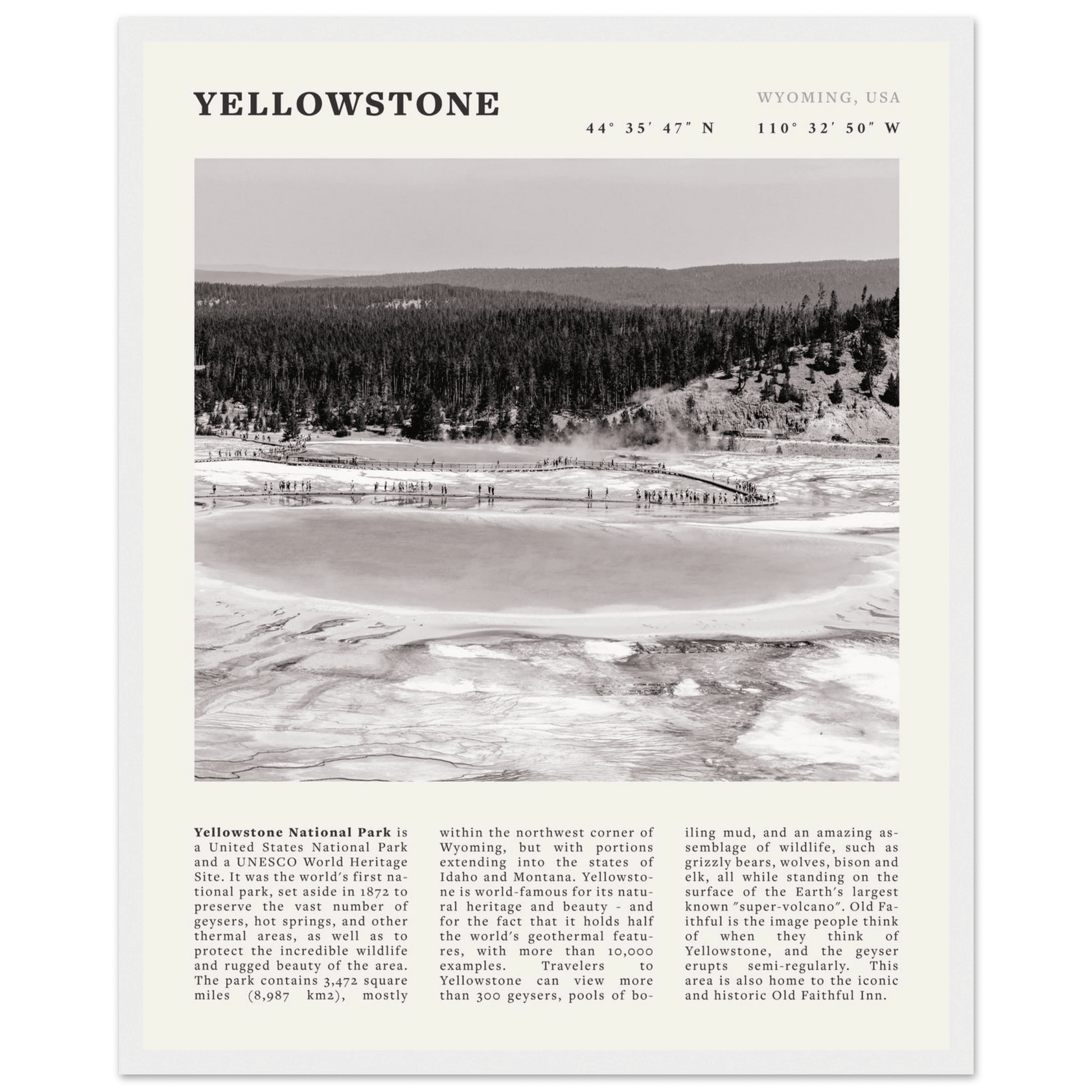 Yellowstone Poster | Black & White Grand Prismatic Spring Wall Art | WY Print - Evergreen Posters