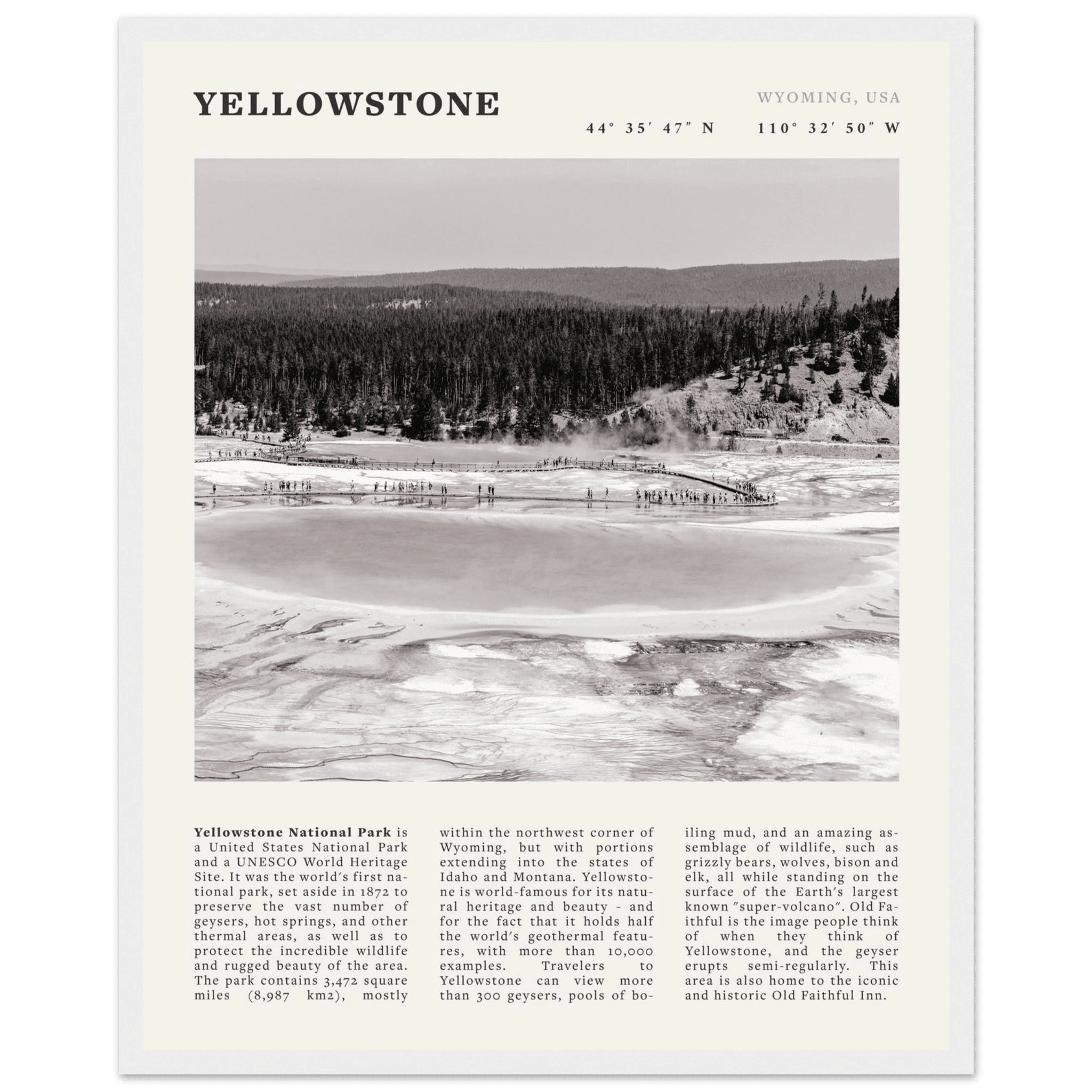 Yellowstone Poster | Black & White Grand Prismatic Spring Wall Art | WY Print - Evergreen Posters