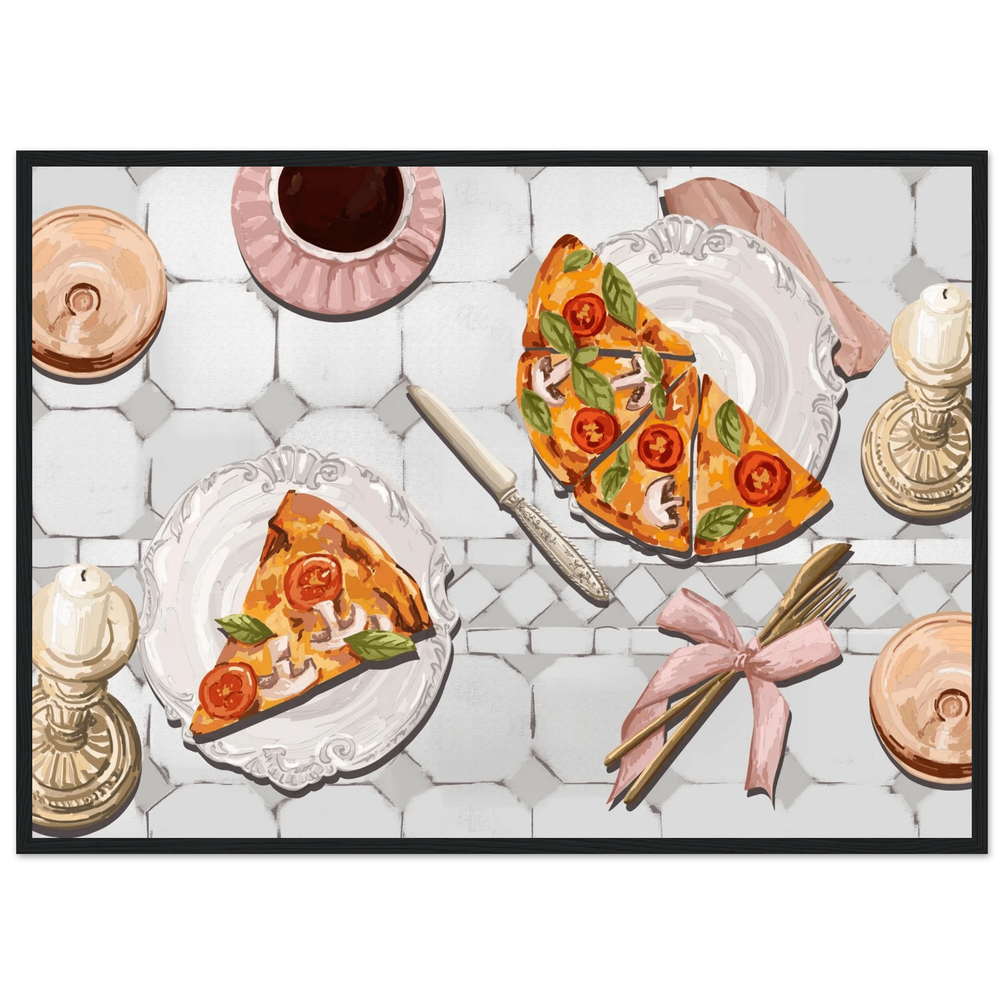 Pizza & Tea Kitchen Poster | Horizontal Food Wall Art | Italian Dining Room Print - Evergreen Posters