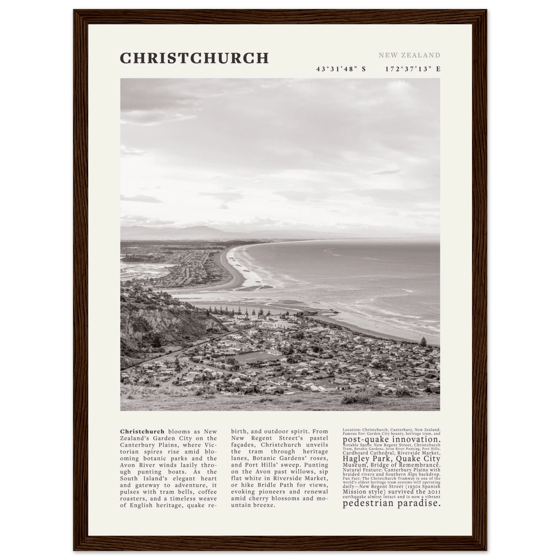 Christchurch New Zealand Poster Black and White – Vintage Garden City Panorama Print - Evergreen Posters