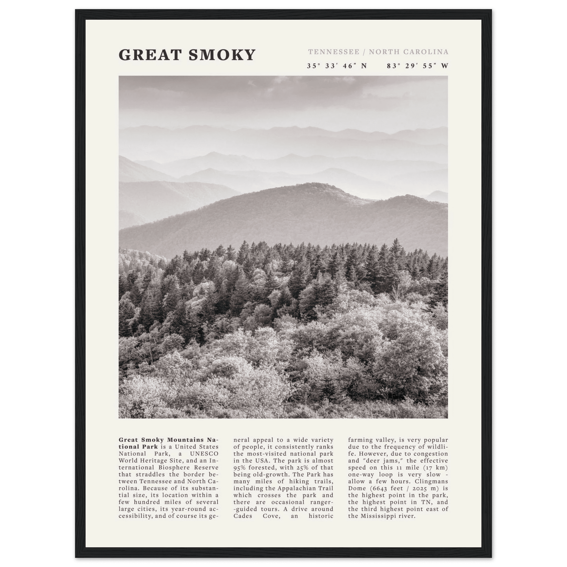 Great Smoky Mountains Poster | Black & White National Park Wall Art | Tennessee Print - Evergreen Posters