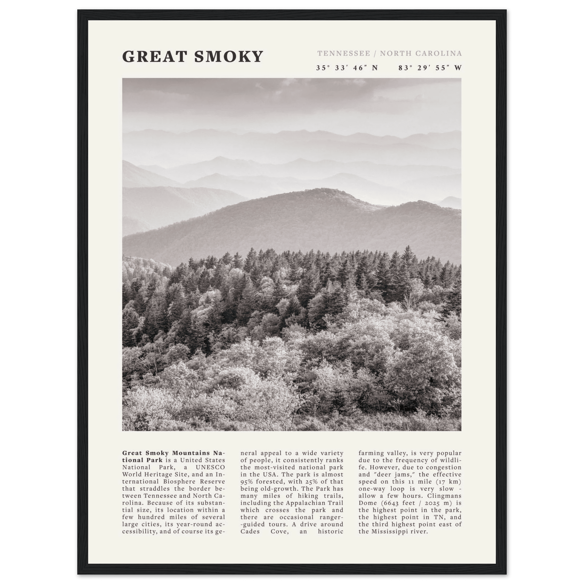 Great Smoky Mountains Poster | Black & White National Park Wall Art | Tennessee Print - Evergreen Posters