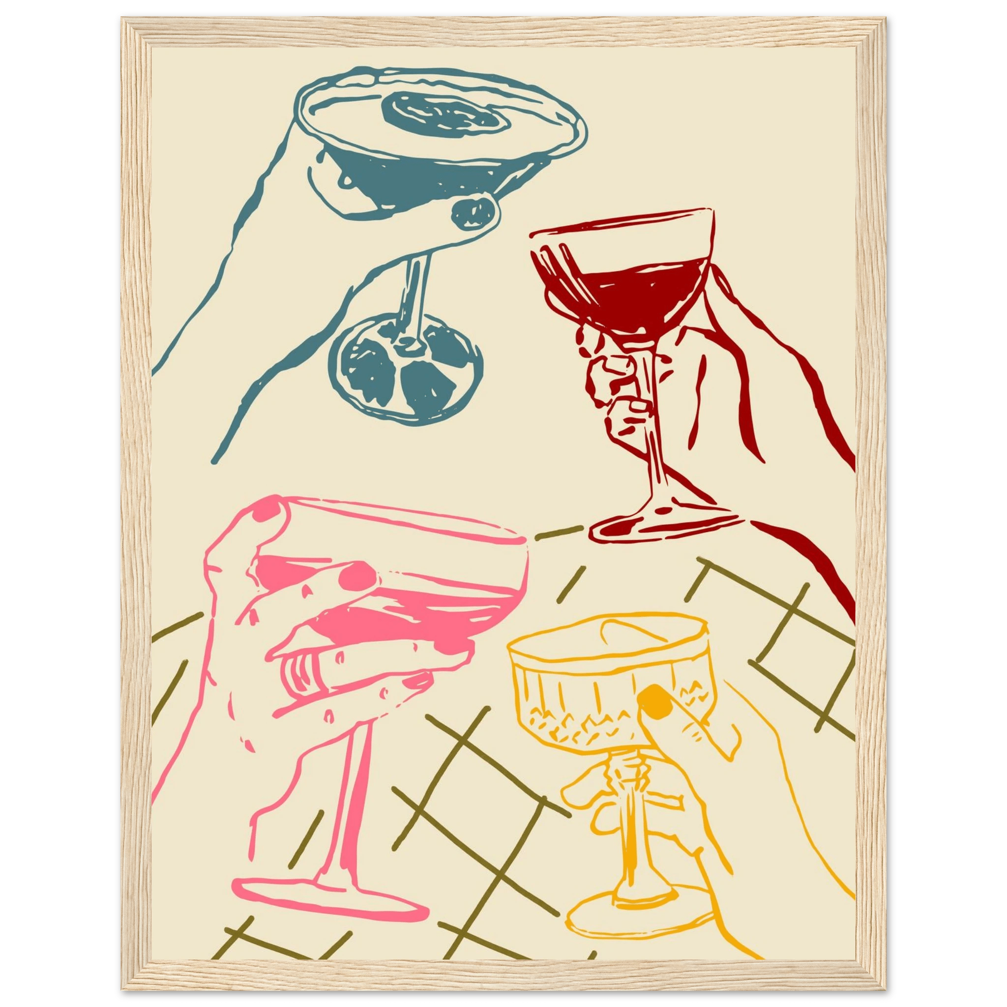 Cheers Print | Colourful Cocktail Glasses Wall Art | Kitchen Bar Poster - Evergreen Posters
