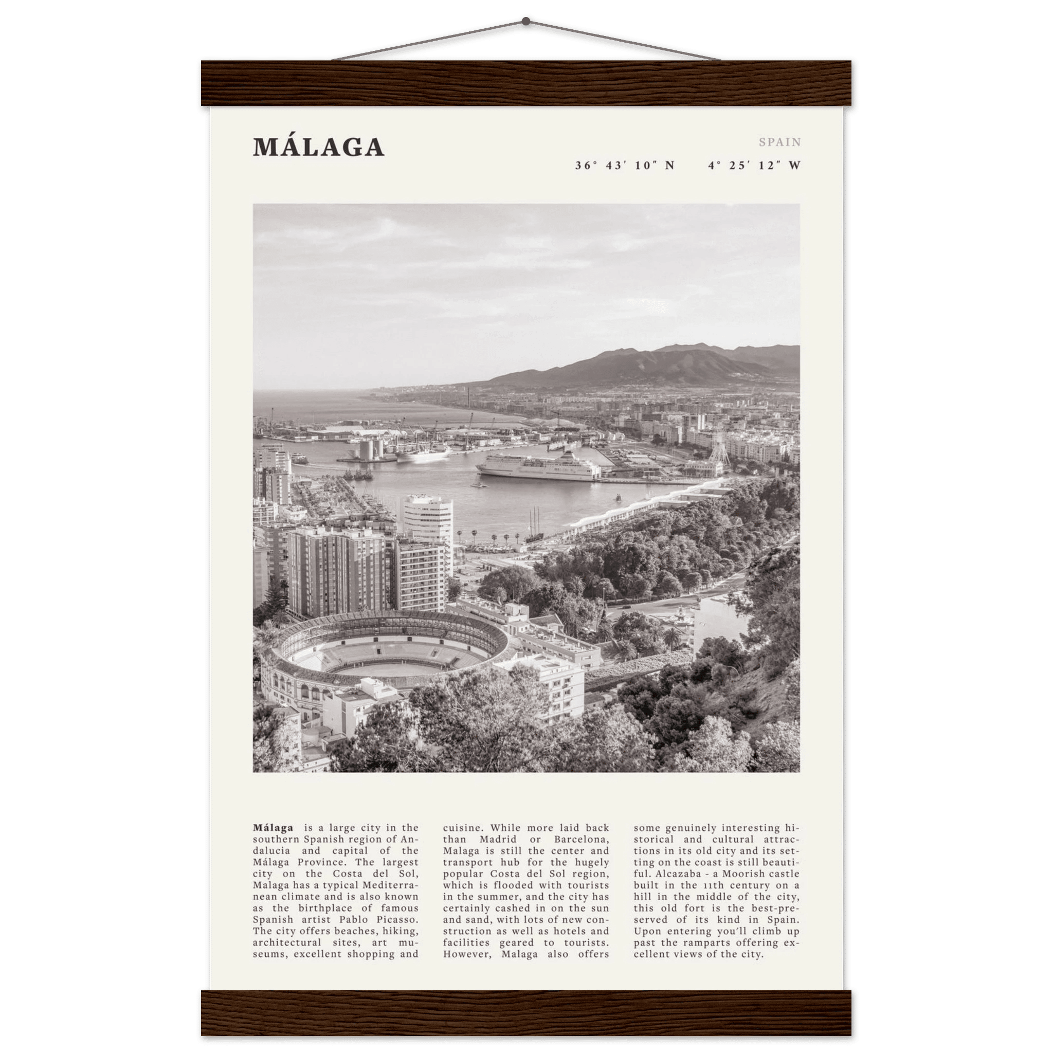 Málaga Poster | Black & White Costa del Sol Wall Art | Spain Travel Print - Evergreen Posters