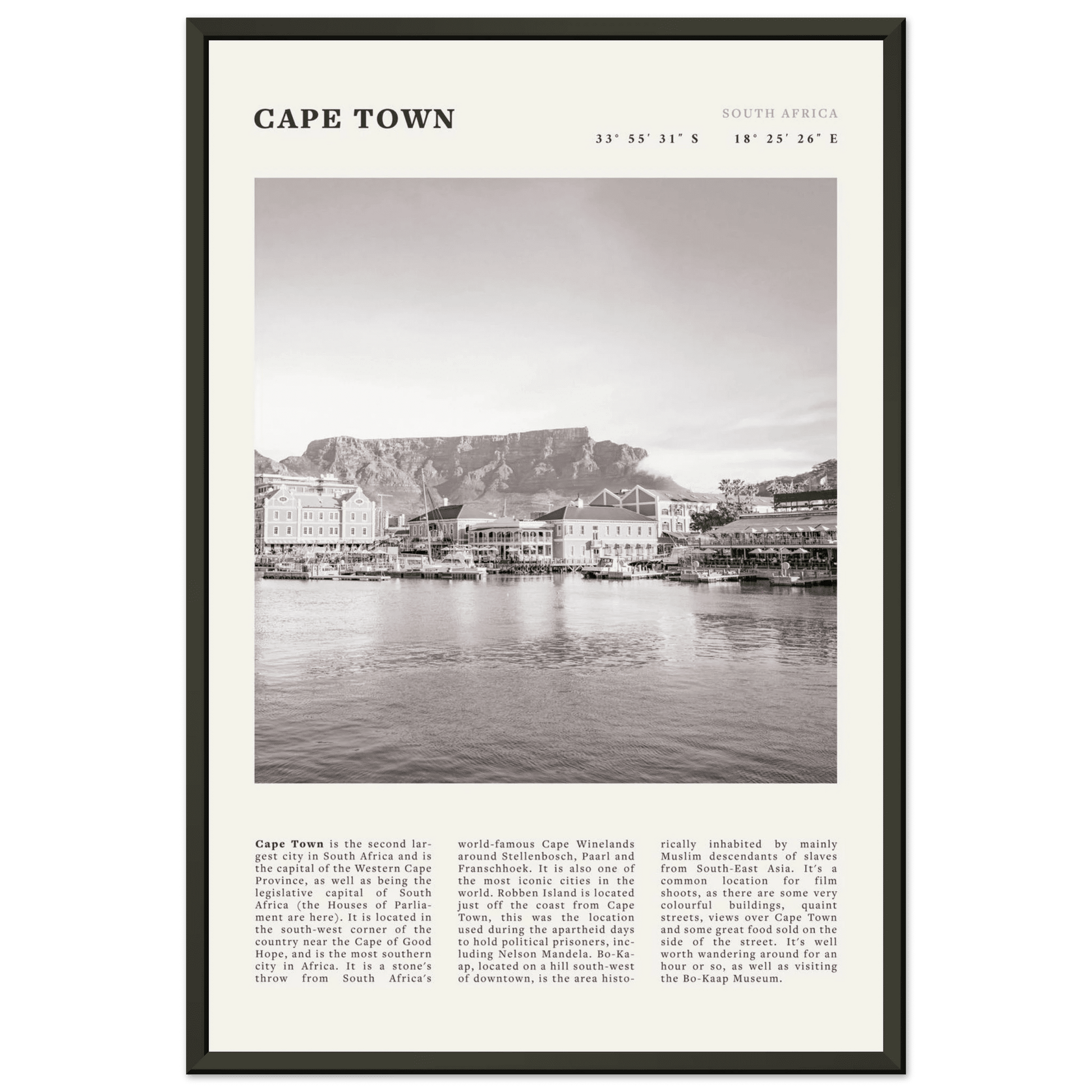Cape Town Poster | Black & White Table Mountain Wall Art | South Africa Travel Print - Evergreen Posters