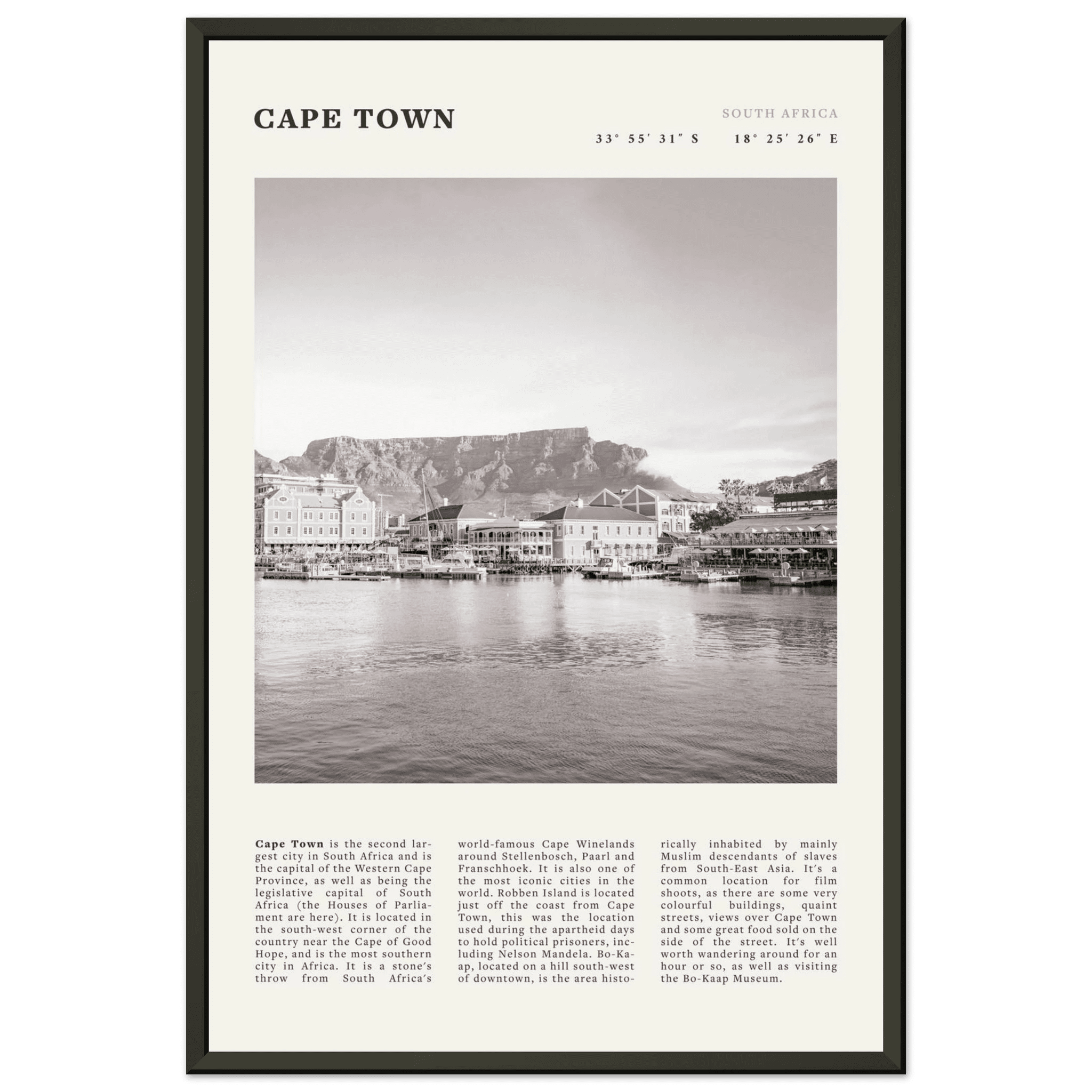 Cape Town Poster | Black & White Table Mountain Wall Art | South Africa Travel Print - Evergreen Posters