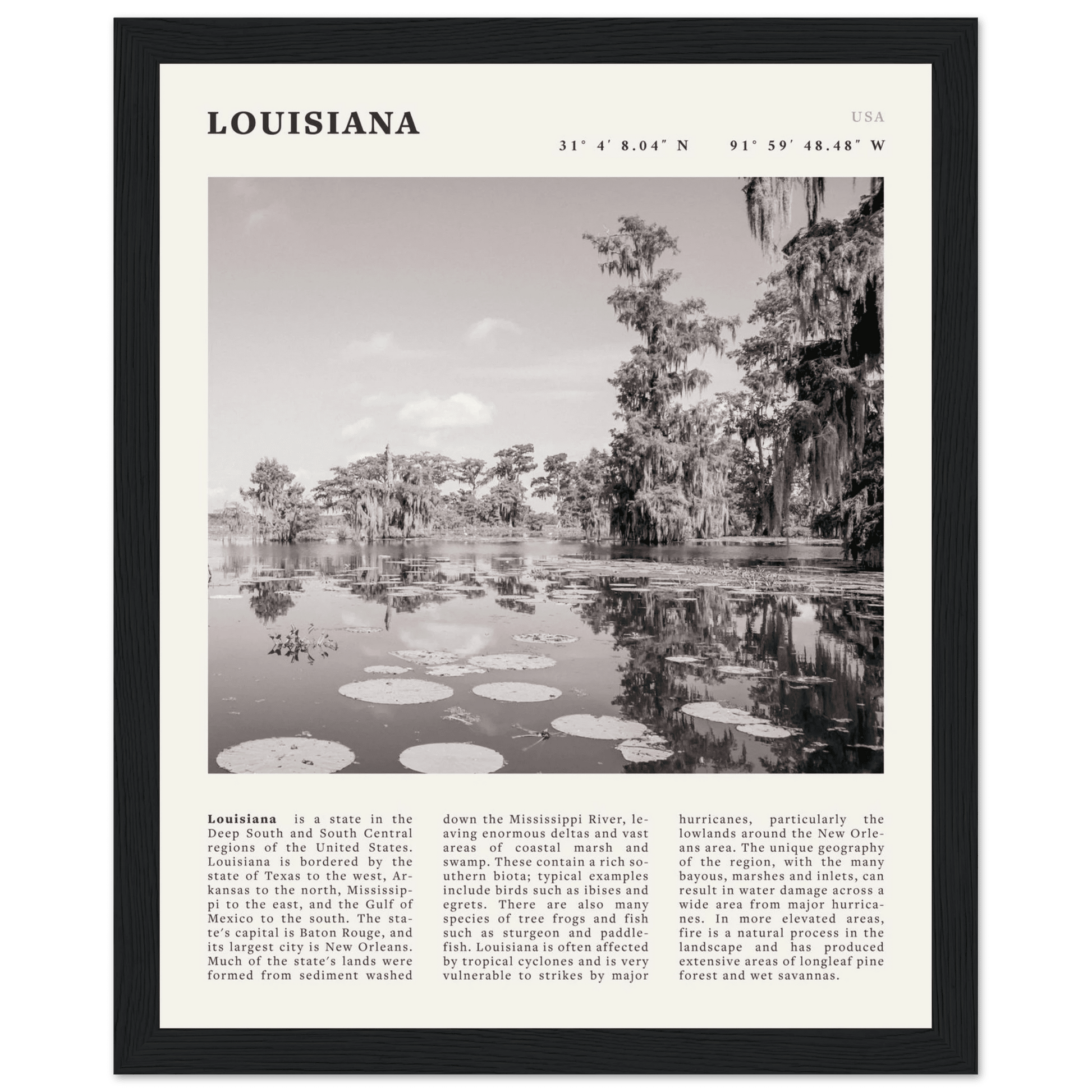 Louisiana Poster | Black & White Bayou Wall Art | Southern USA Travel Print Decor - Evergreen Posters