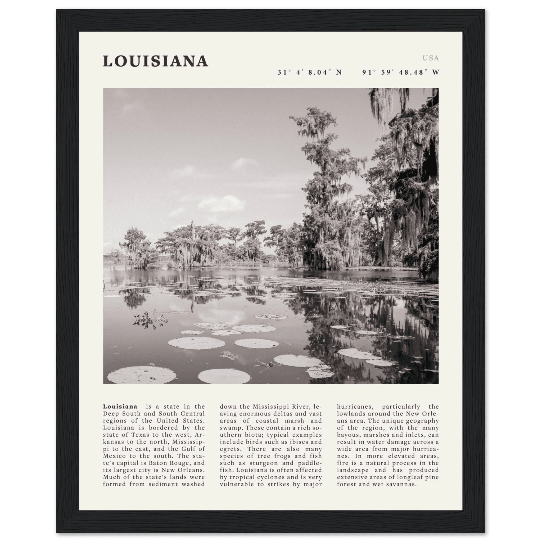 Louisiana Poster | Black & White Bayou Wall Art | Southern USA Travel Print Decor - Evergreen Posters