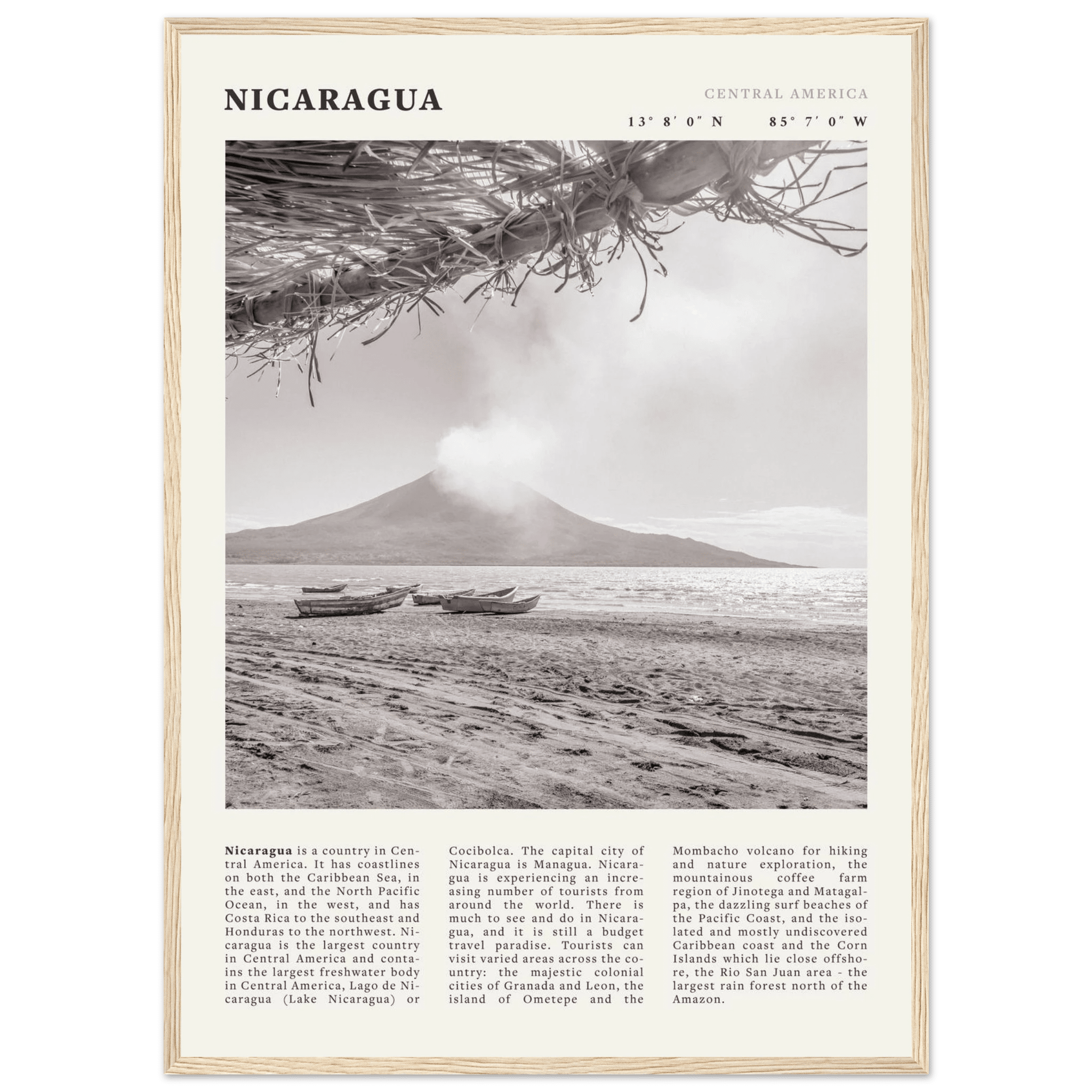 Nicaragua Poster | Black & White Volcano Wall Art | Central America Travel Print - Evergreen Posters