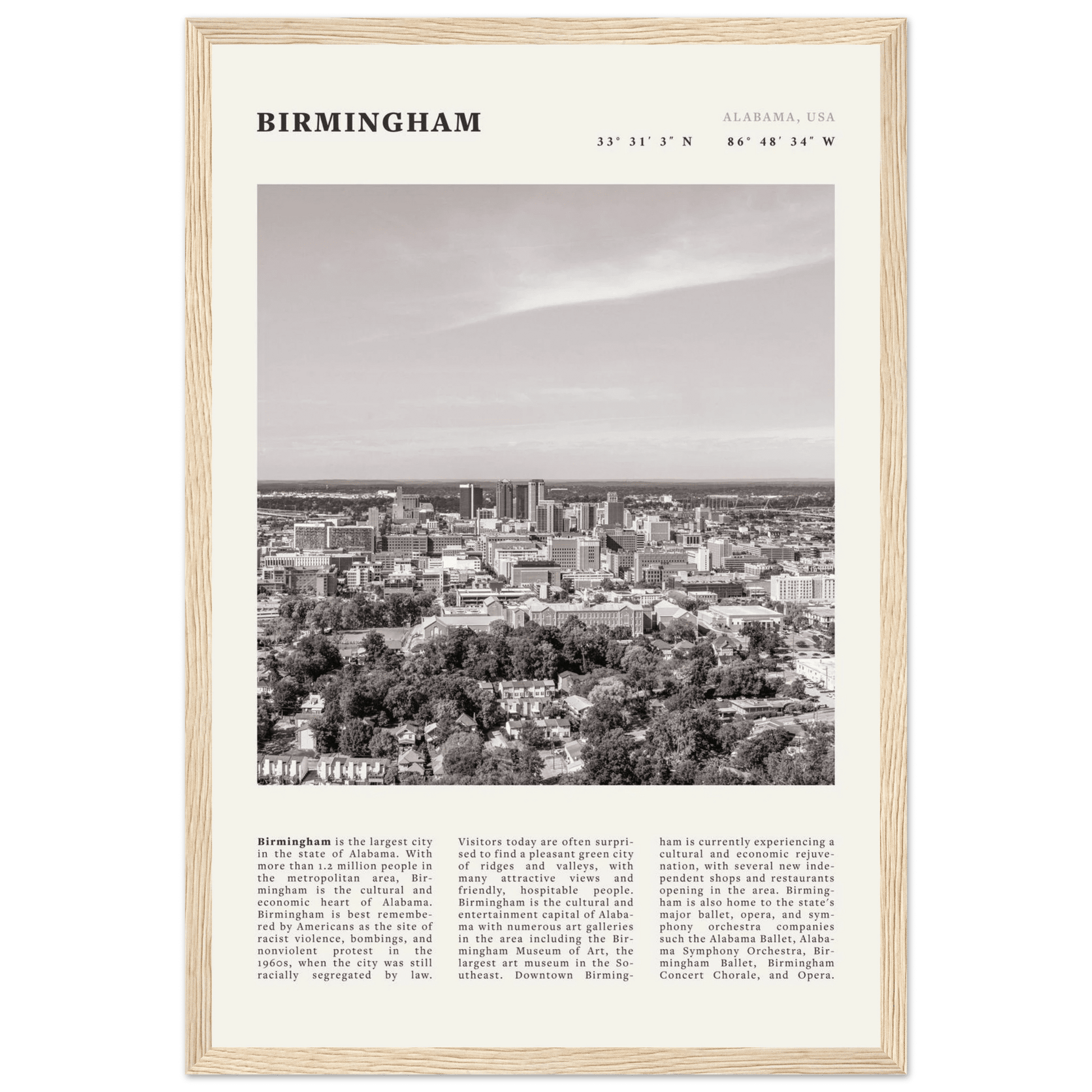 Birmingham Poster | Black & White Alabama Skyline Wall Art | AL Travel Print - Evergreen Posters