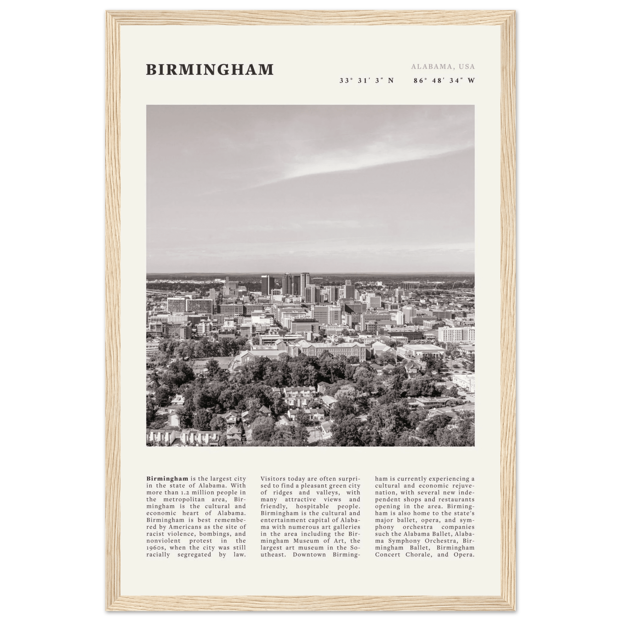 Birmingham Poster | Black & White Alabama Skyline Wall Art | AL Travel Print - Evergreen Posters
