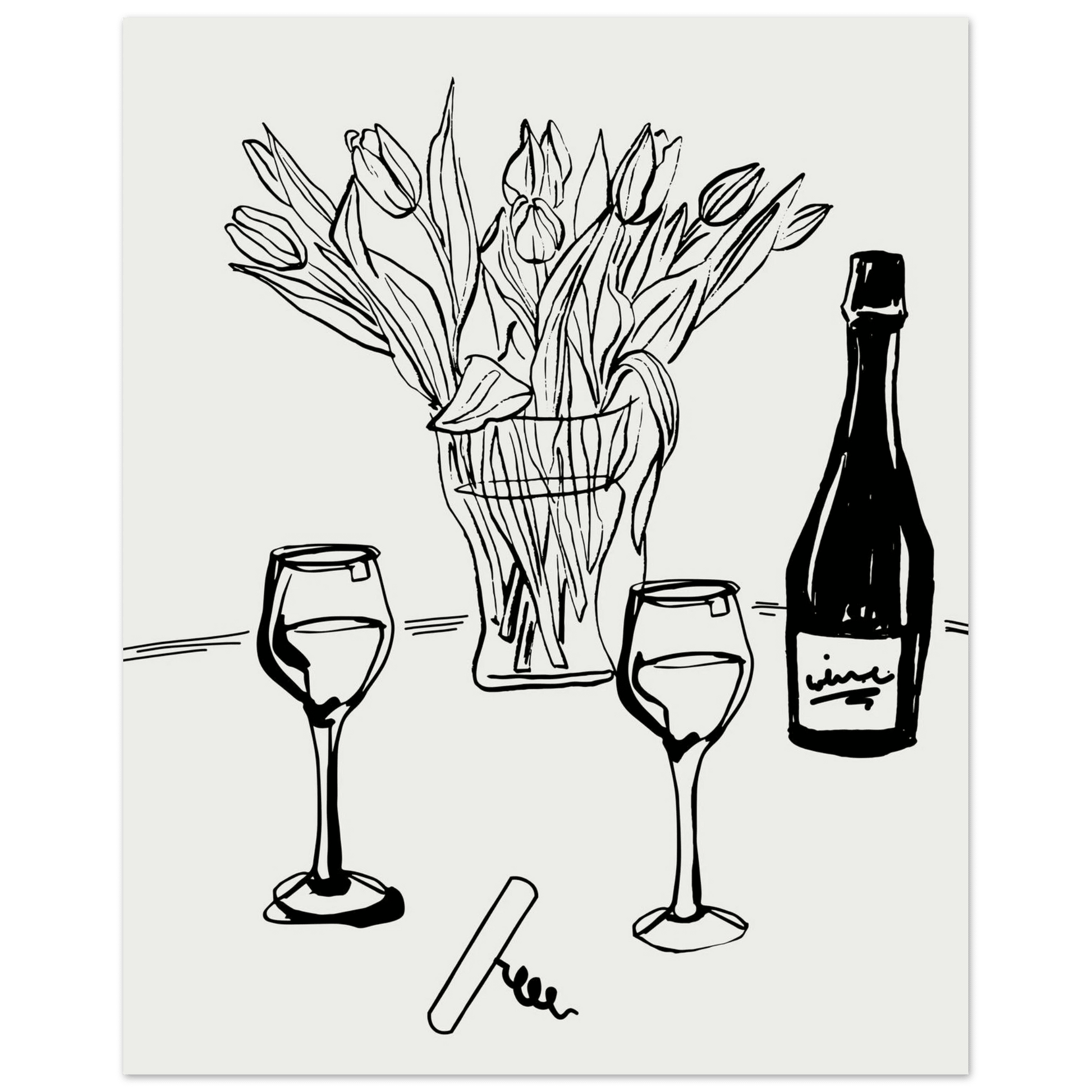 Wine & Tulips Print | Black Line Art Wine Bottle Wall Art | Minimalist Kitchen Poster - Evergreen Posters