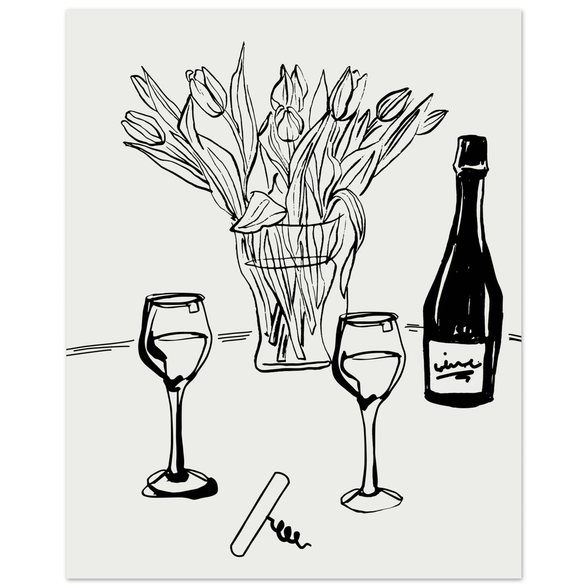 Wine & Tulips Print | Black Line Art Wine Bottle Wall Art | Minimalist Kitchen Poster - Evergreen Posters
