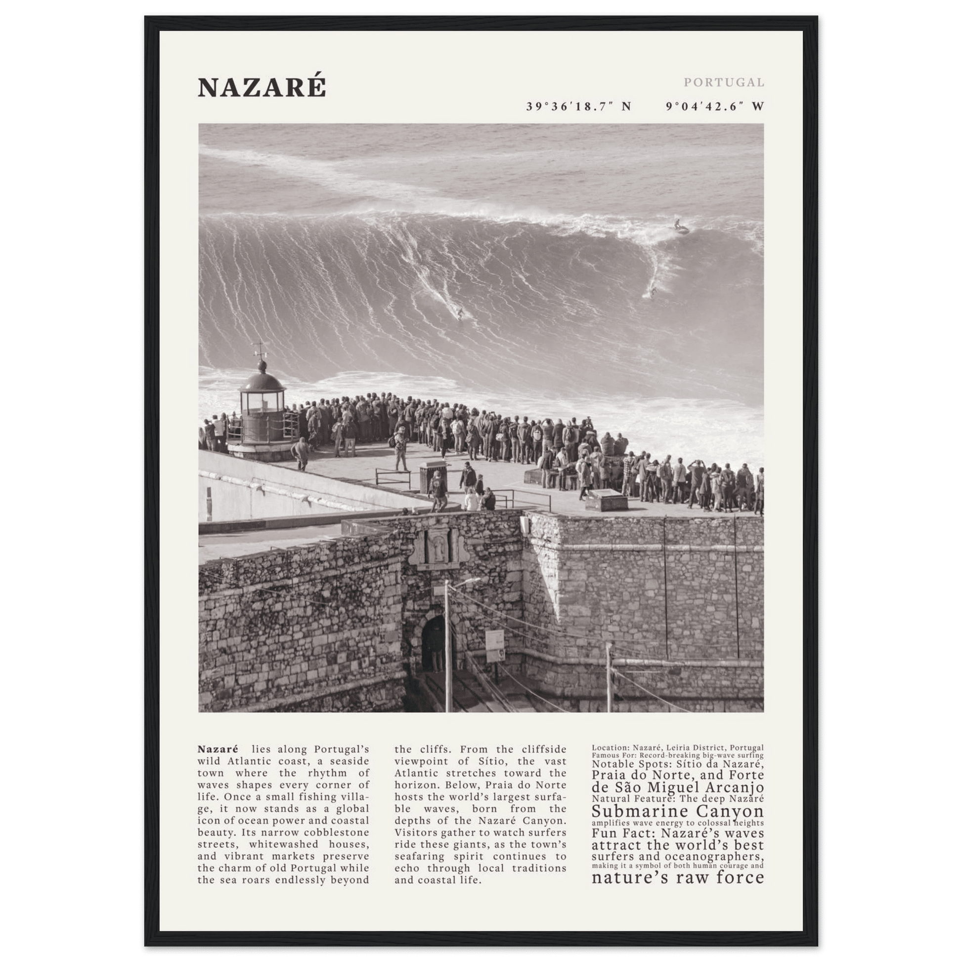 Nazaré Portugal Poster Black and White – Vintage Big Waves Surf Print (Digital & Printed Options) - Evergreen Posters